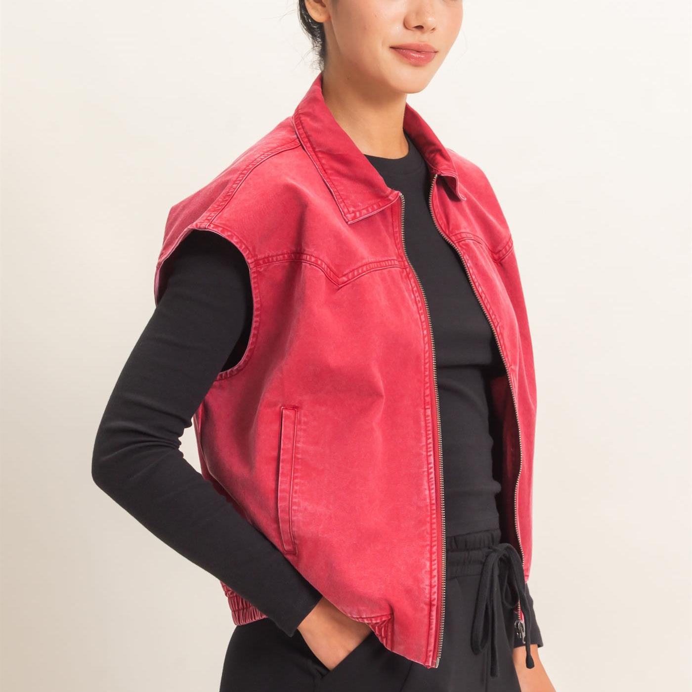 Wholesale Mineral Wash Sleeveless Zip-Up Collar Vest Vests DZ26E392 DARK RED DOUBLE ZERO