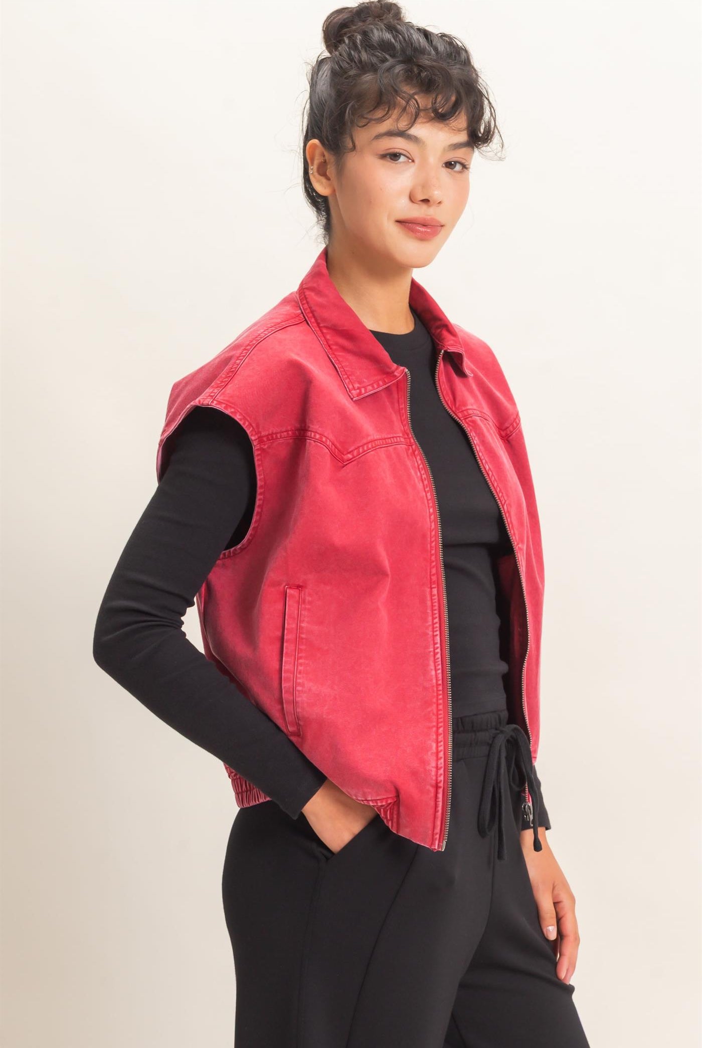 Wholesale Mineral Wash Sleeveless Zip-Up Collar Vest Vests DZ26E392 DARK RED DOUBLE ZERO