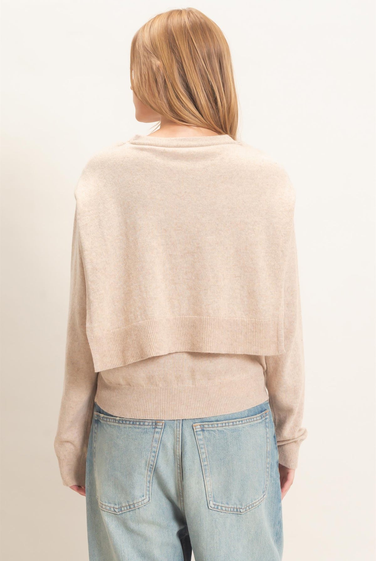 Wholesale Crew Neck Sweater With Faux Wrap Sweaters HF26E698 BEIGE HYFVE