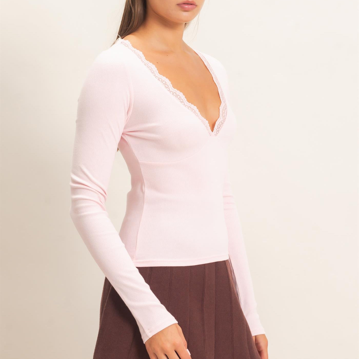 Wholesale Lace Trim V-Neck Top Clothing Tops DZ26E913 LIGHT PINK DOUBLE ZERO