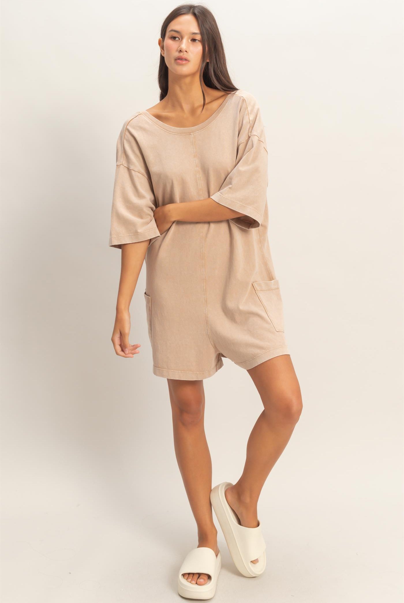 Wholesale Mineral Washed V-Back Romper Clothing DZ26A326 DARK TAUPE HYFVE