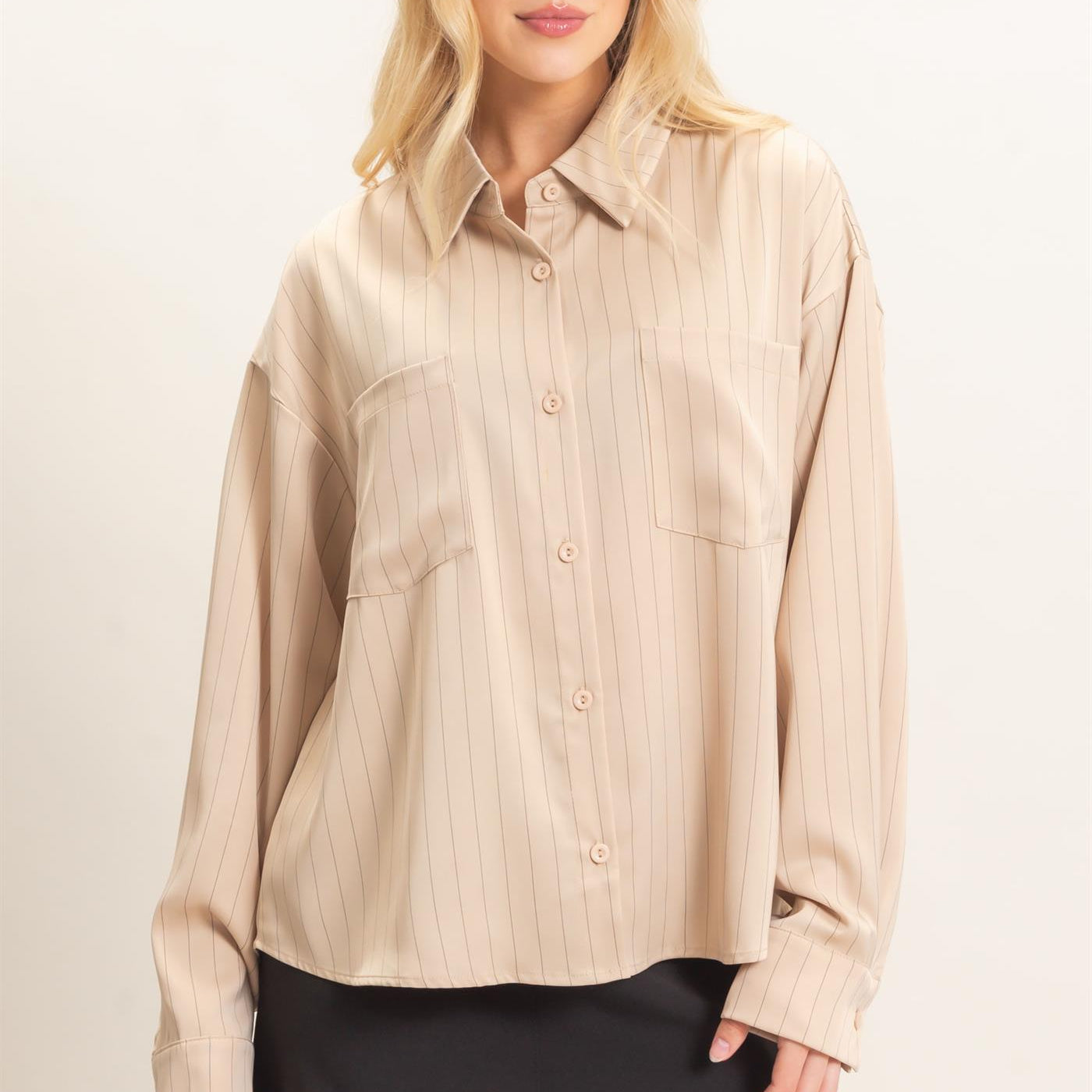 Wholesale Striped Button-Up Blouse Blouses HF26C953 LIGHT TAUPE HYFVE