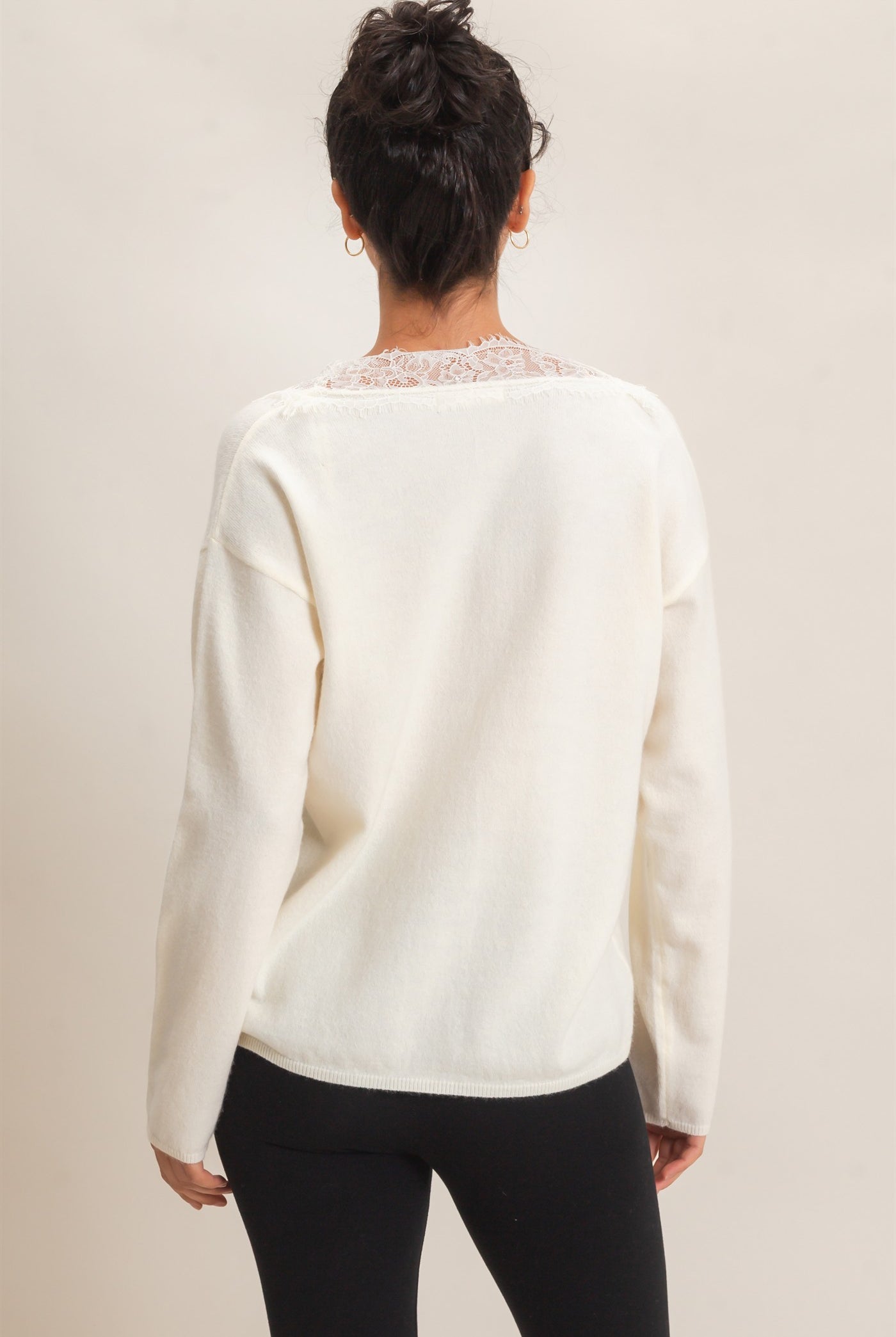 Wholesale Lace Trim V-Neck Sweater Sweaters DZ26E327 CREAM DOUBLE ZERO