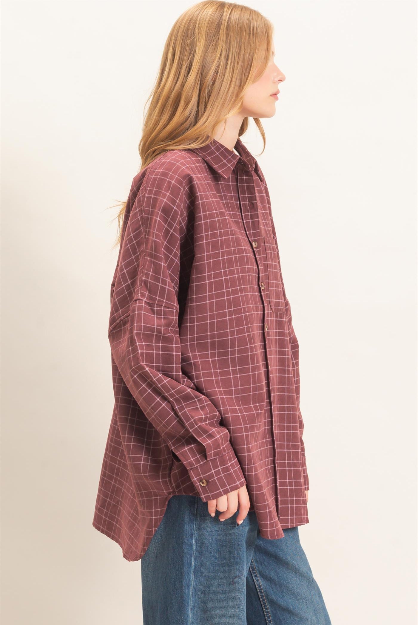 Wholesale Plaid Button-Up Shirt Shirts HF26E734 WINE HYFVE