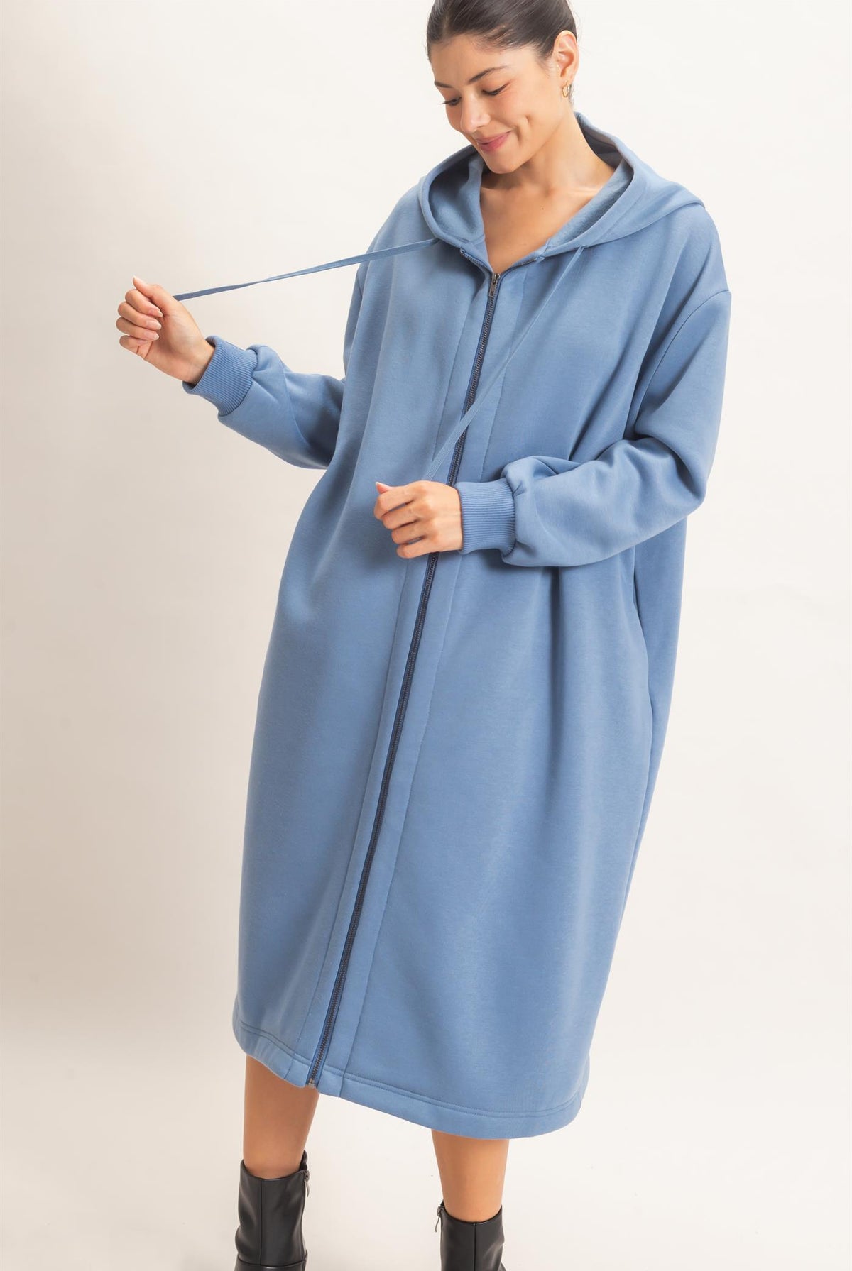 Wholesale Oversized Longline Zip-Up Hoodie Jacket Outerwear HF26E650 DENIM BLUE HYFVE
