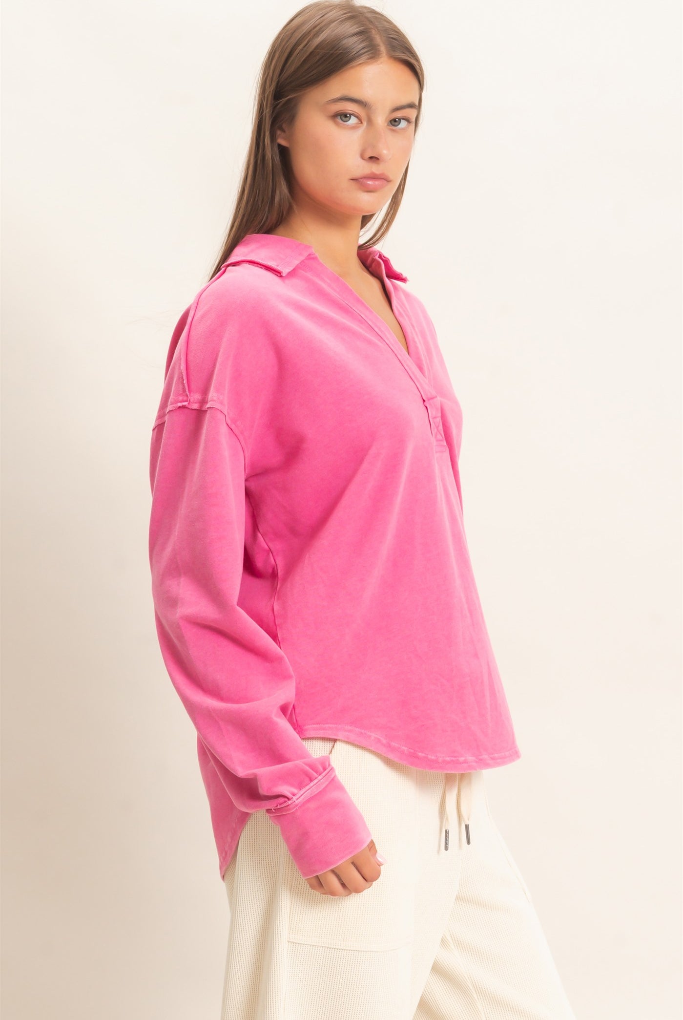 Wholesale Mineral Washed Polo Collar Long Sleeve Top Polos DZ26E887 FUCHSIA DOUBLE ZERO