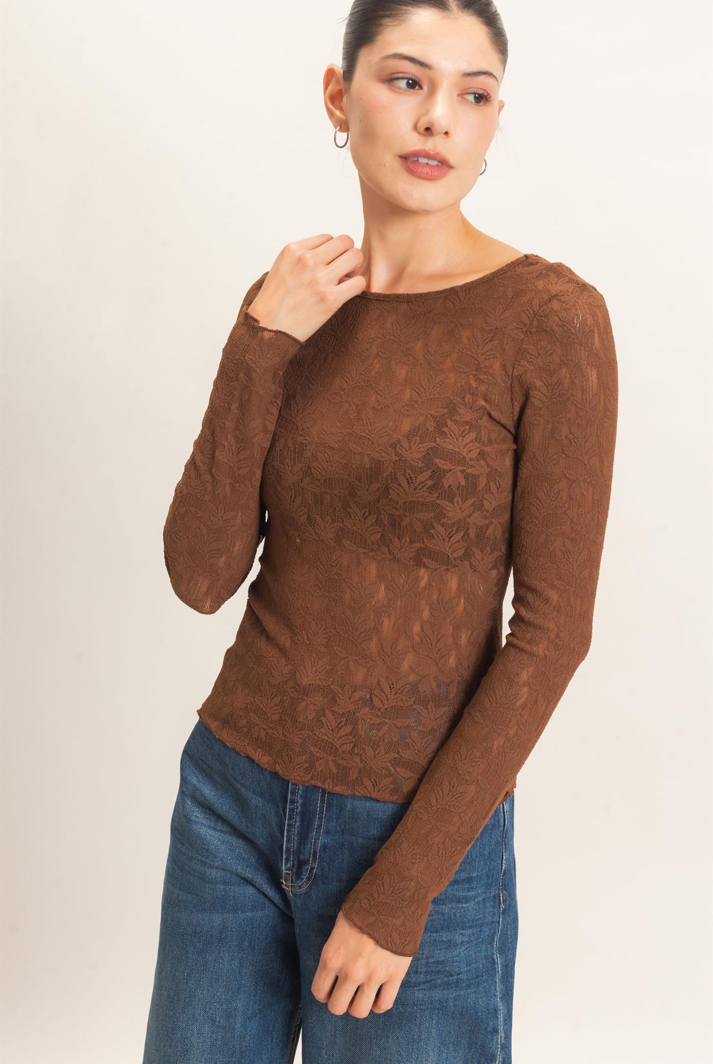 Wholesale Floral Lace Long Sleeve Top Clothing Tops HF26E309 BROWN HYFVE