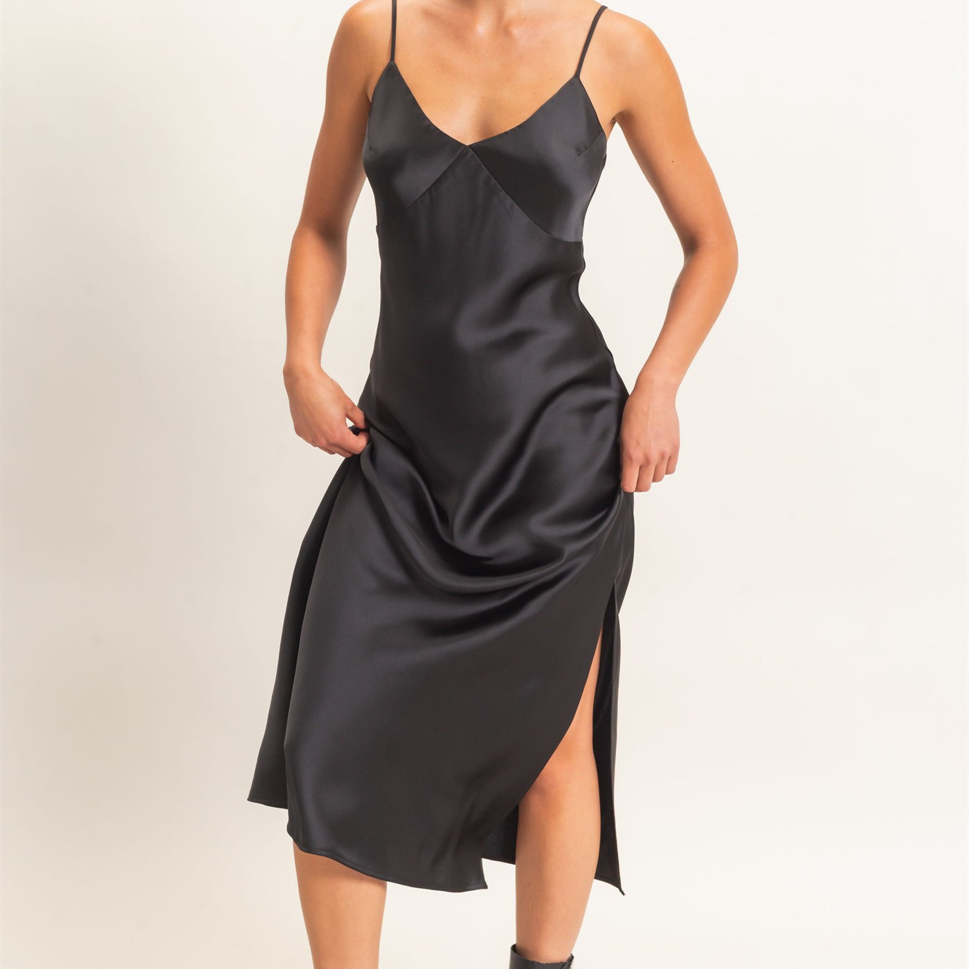 Wholesale Satin V-Neck Slip Dress Dresses DZ26E262 BLACK DOUBLE ZERO