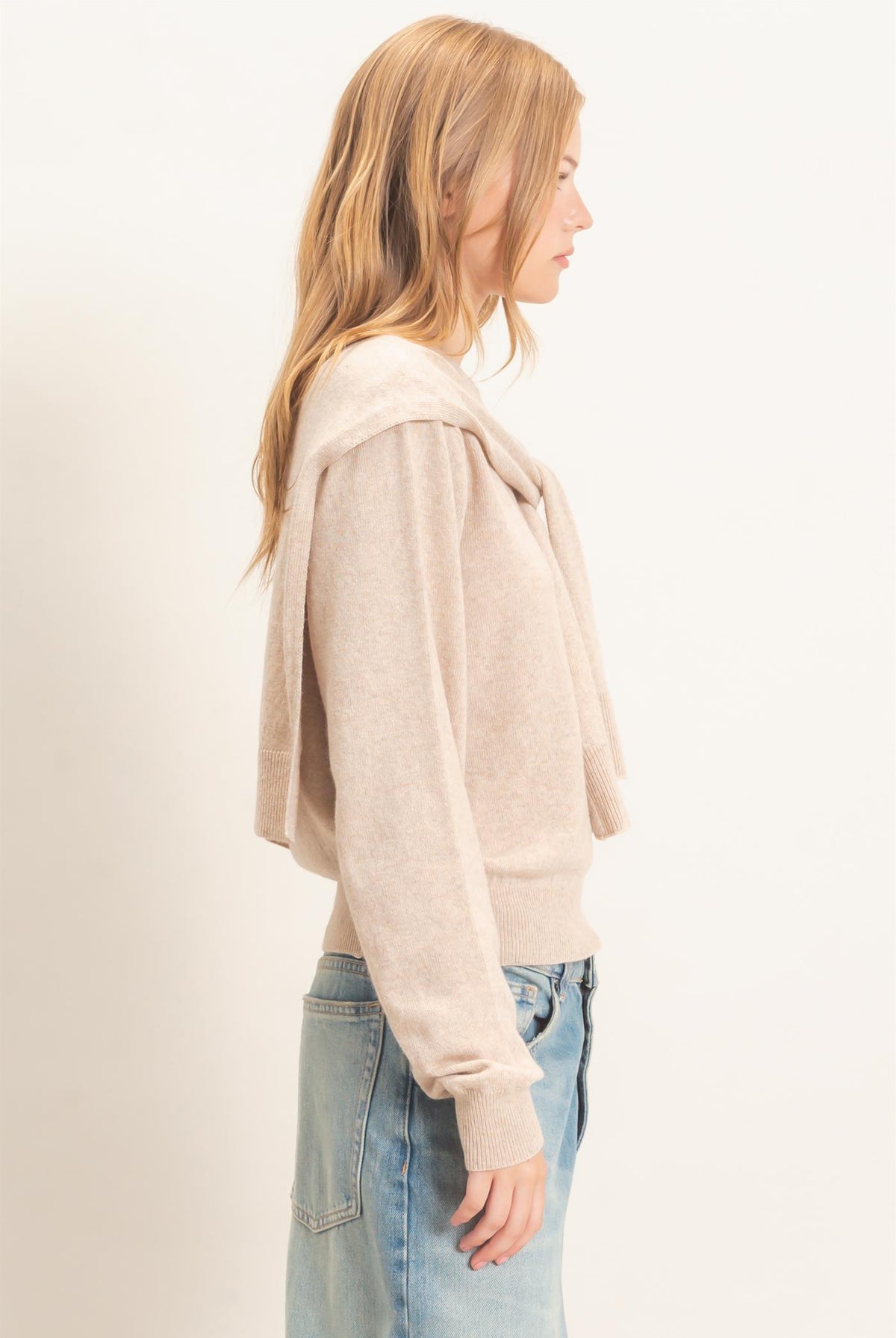Wholesale Crew Neck Sweater With Faux Wrap Sweaters HF26E698 BEIGE HYFVE
