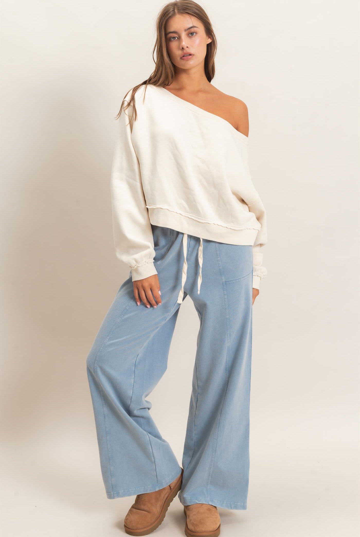 Wholesale Acid Wash Drawstring Waist Wide Leg Pants Pants DZ25A685 DUSTY BLUE DOUBLE ZERO