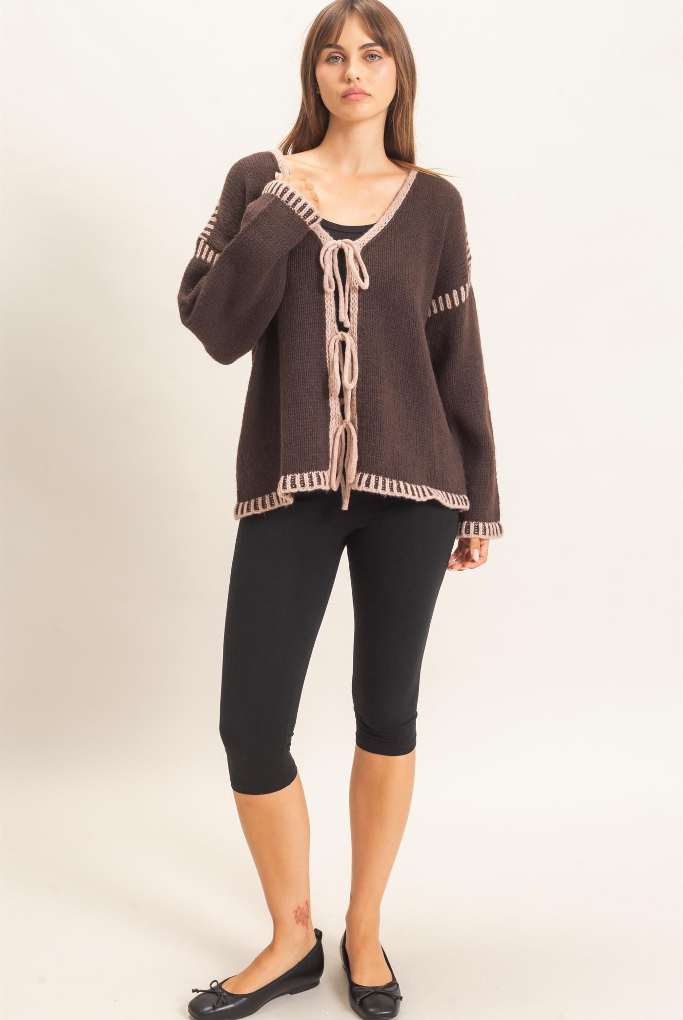 Wholesale Open Front Tie Cardigan Cardigans HF26F154 BROWN HYFVE