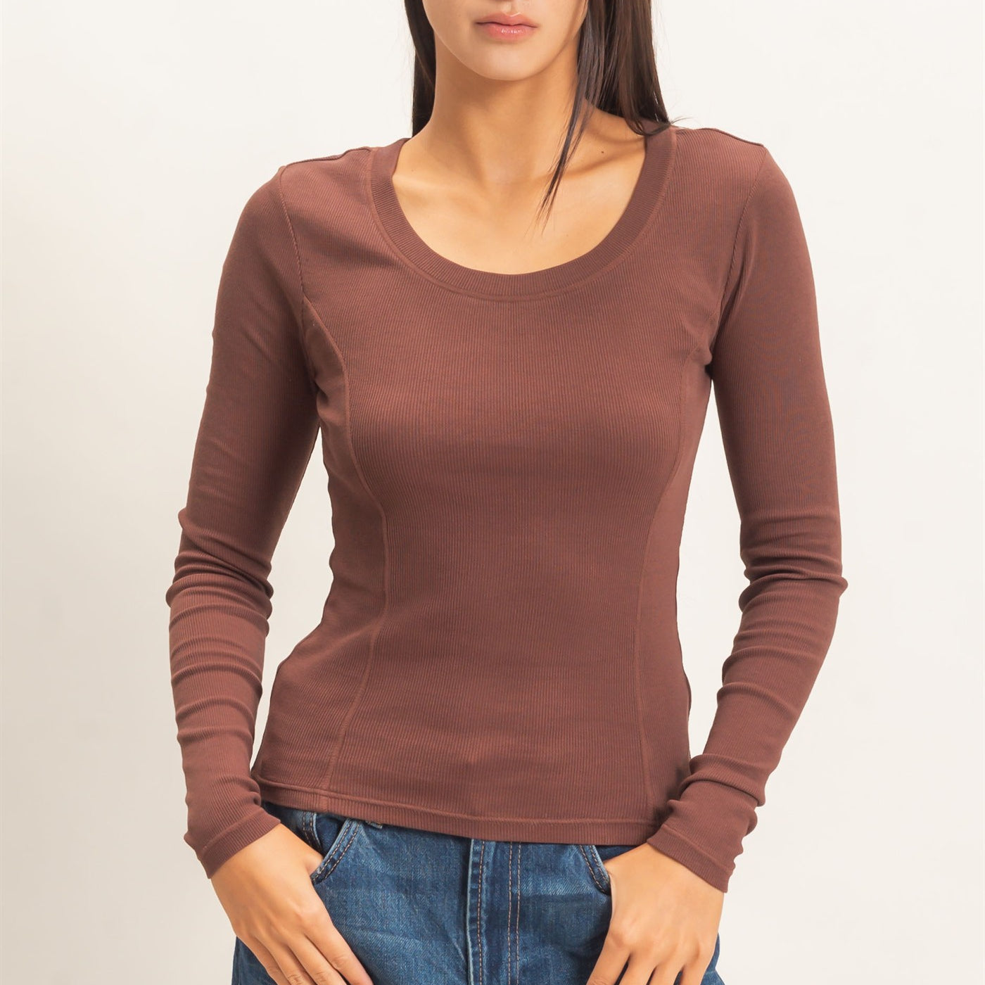 Wholesale Pigment Dye Seam Detail Scoop Neck Top Clothing Tops DZ26E242 DARK BROWN DOUBLE ZERO