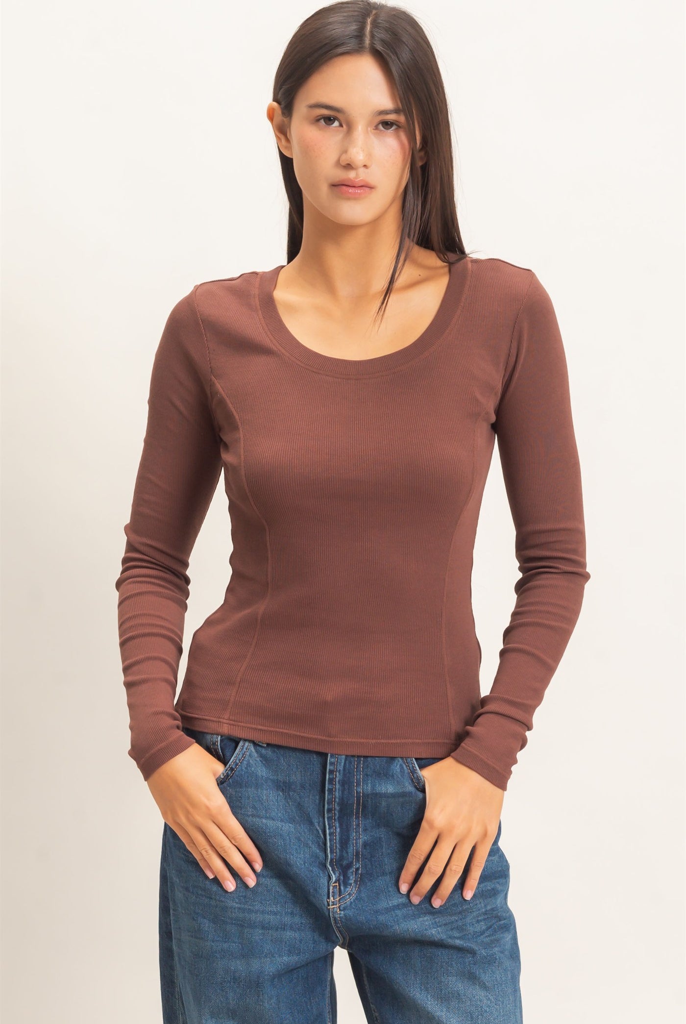 Wholesale Pigment Dye Seam Detail Scoop Neck Top Clothing Tops DZ26E242 DARK BROWN DOUBLE ZERO