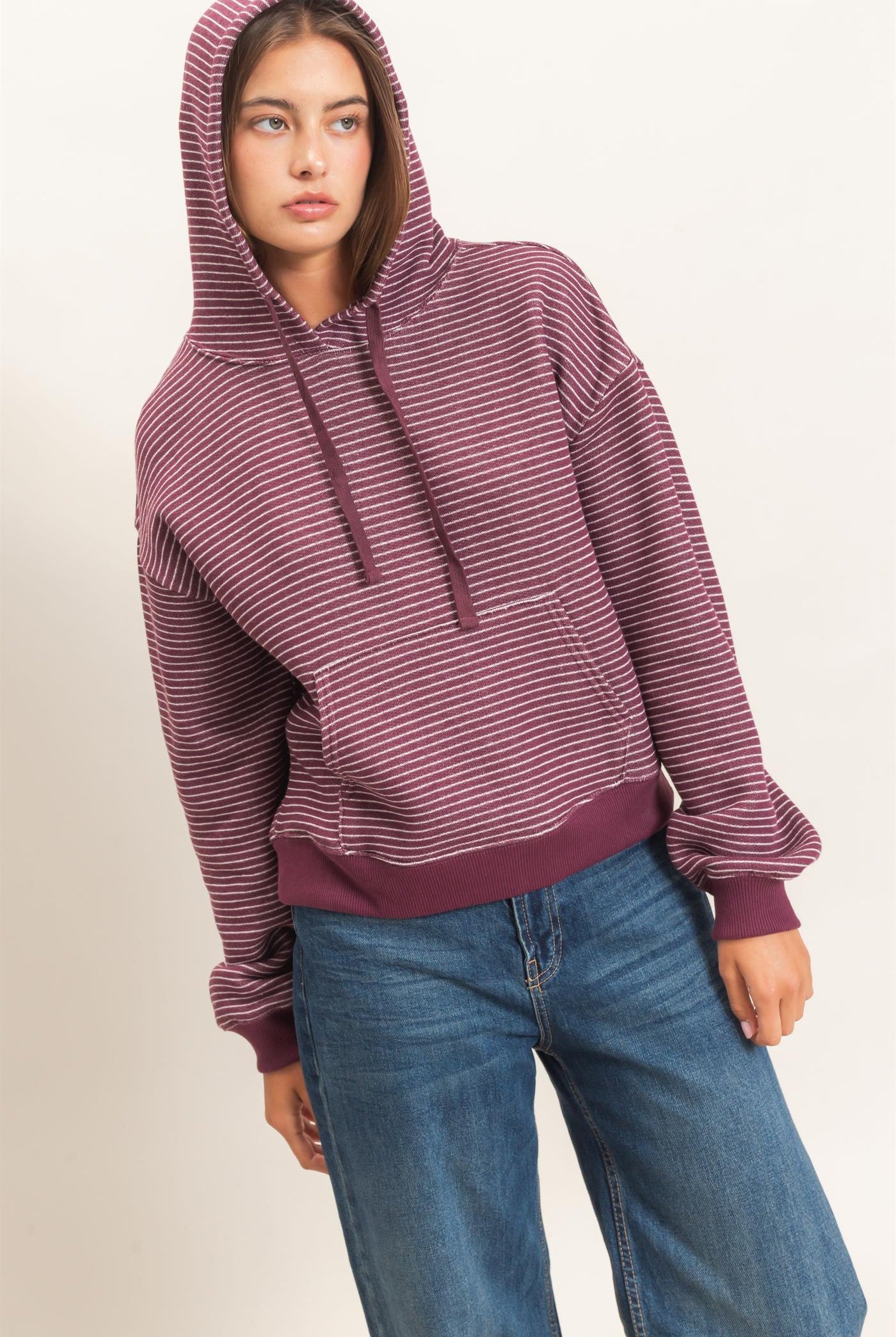 Wholesale Striped French Terry Hoodie Hoodies DZ26C619 DARK CHERRY DOUBLE ZERO