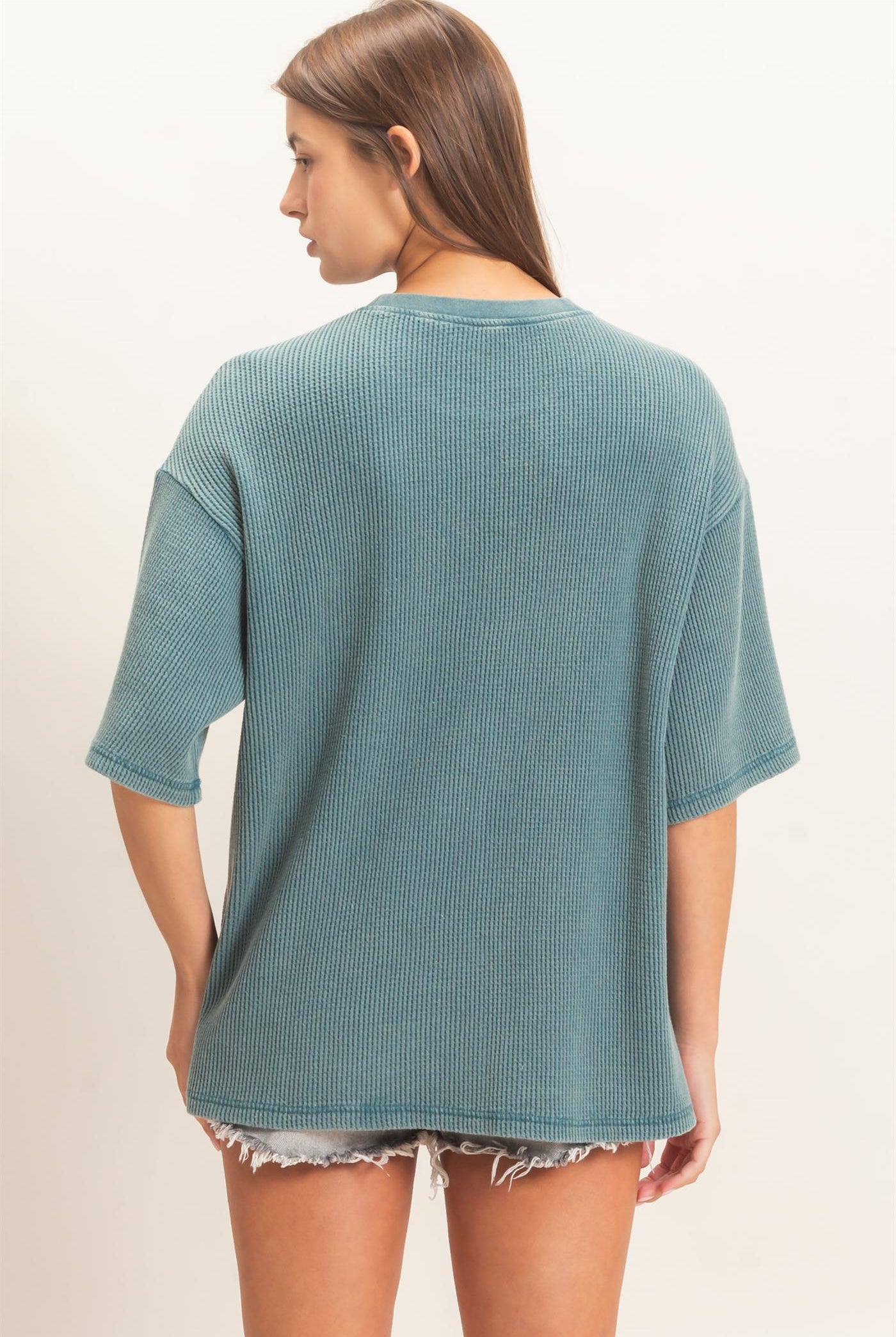 Wholesale Mineral Wash Waffle Crew Neck Short Sleeve Top Clothing Tops DZ26E328 DARK TEAL DOUBLE ZERO