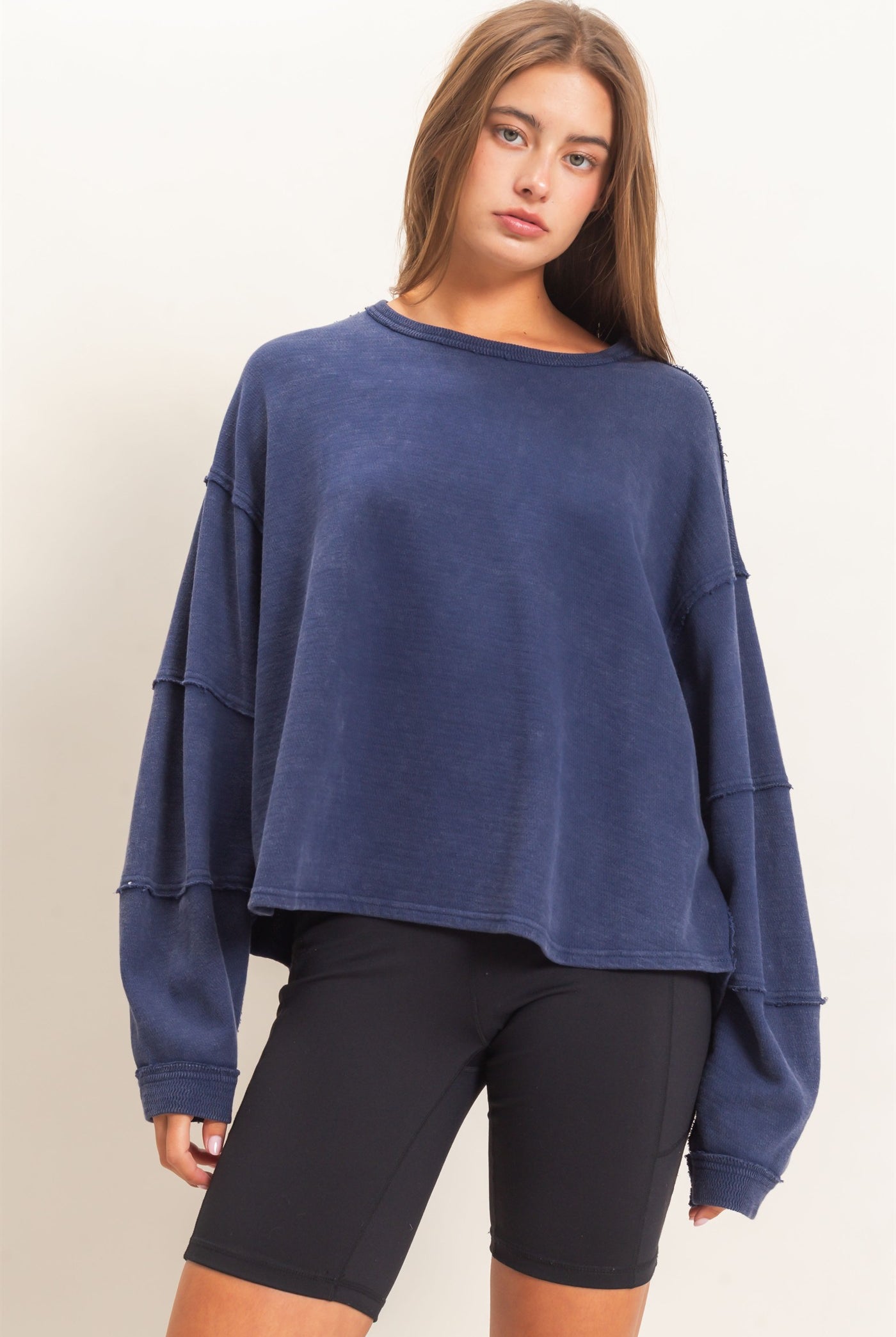 Wholesale Mineral Wash Overzised Raw Edge Crew Neck Top Clothing Tops DZ26E449 NAVY DOUBLE ZERO