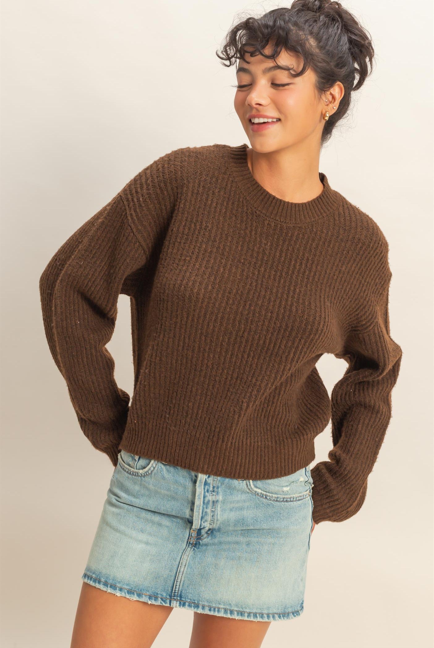 Wholesale Ribbed Crew Neck Sweater Sweaters DZ25F006 CHESTNUT DOUBLE ZERO