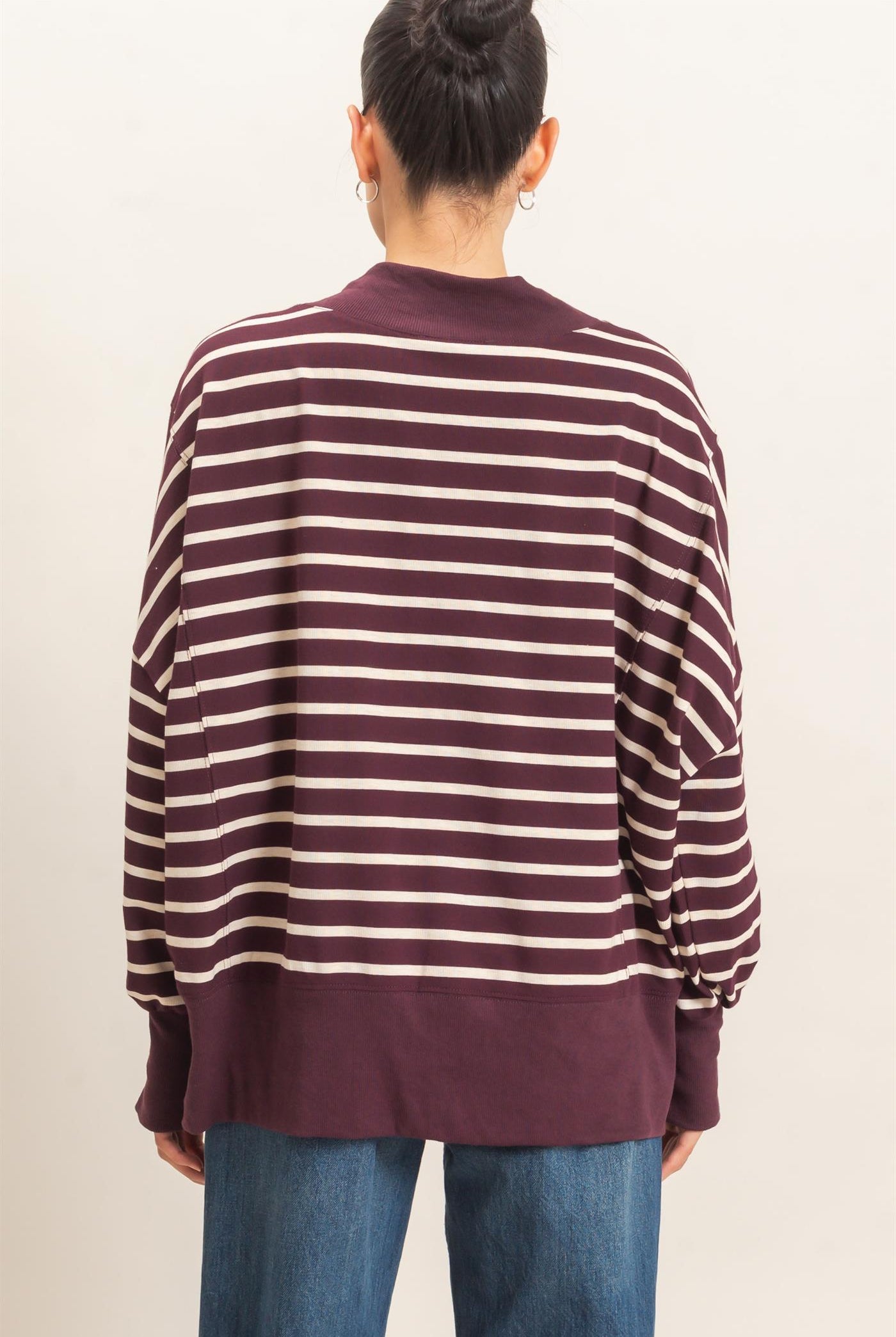 Wholesale Striped Mock Neck Sweatshirt Sweatshirts HF27A178-D RASPBERRY/ECRU HYFVE