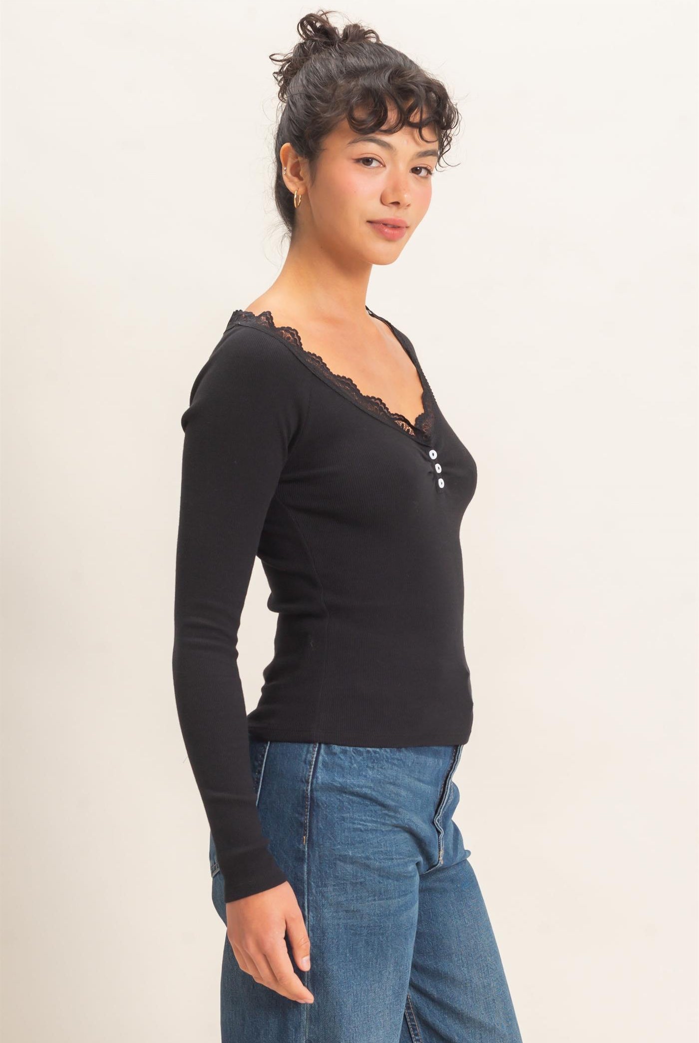 Wholesale Lace-Trim Henley Top Clothing Tops DZ26E325 BLACK DOUBLE ZERO