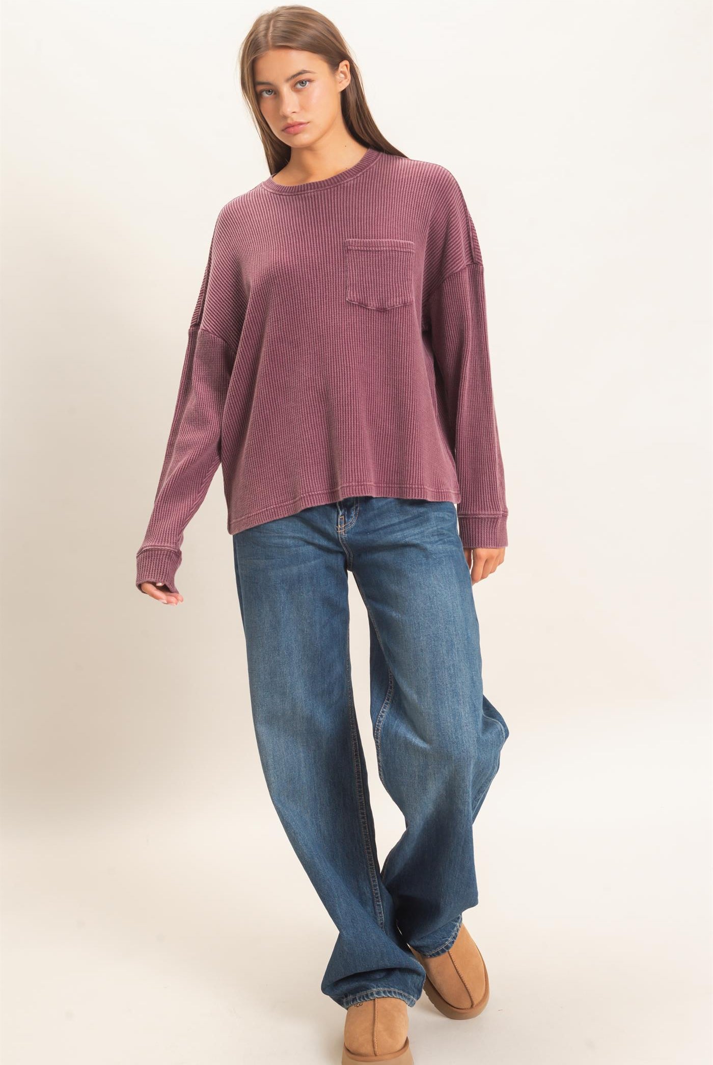 Wholesale Mineral Wash Waffle Long Sleeve Top Clothing Tops DZ26F242 DARK CHERRY DOUBLE ZERO