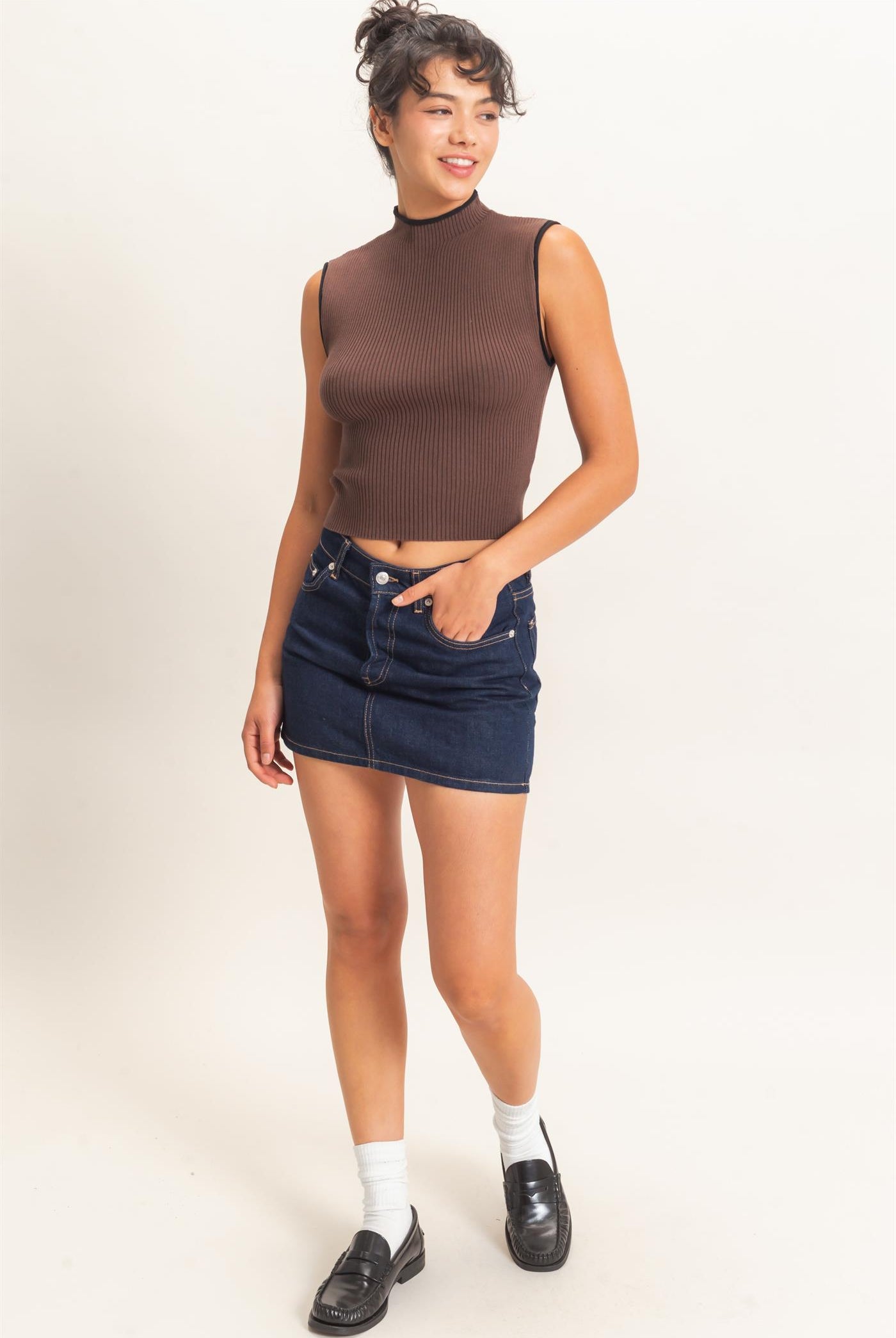 Wholesale Ribbed Mock Neck Sleeveless Top Clothing Tops DZ26E777 DARK BROWN DOUBLE ZERO