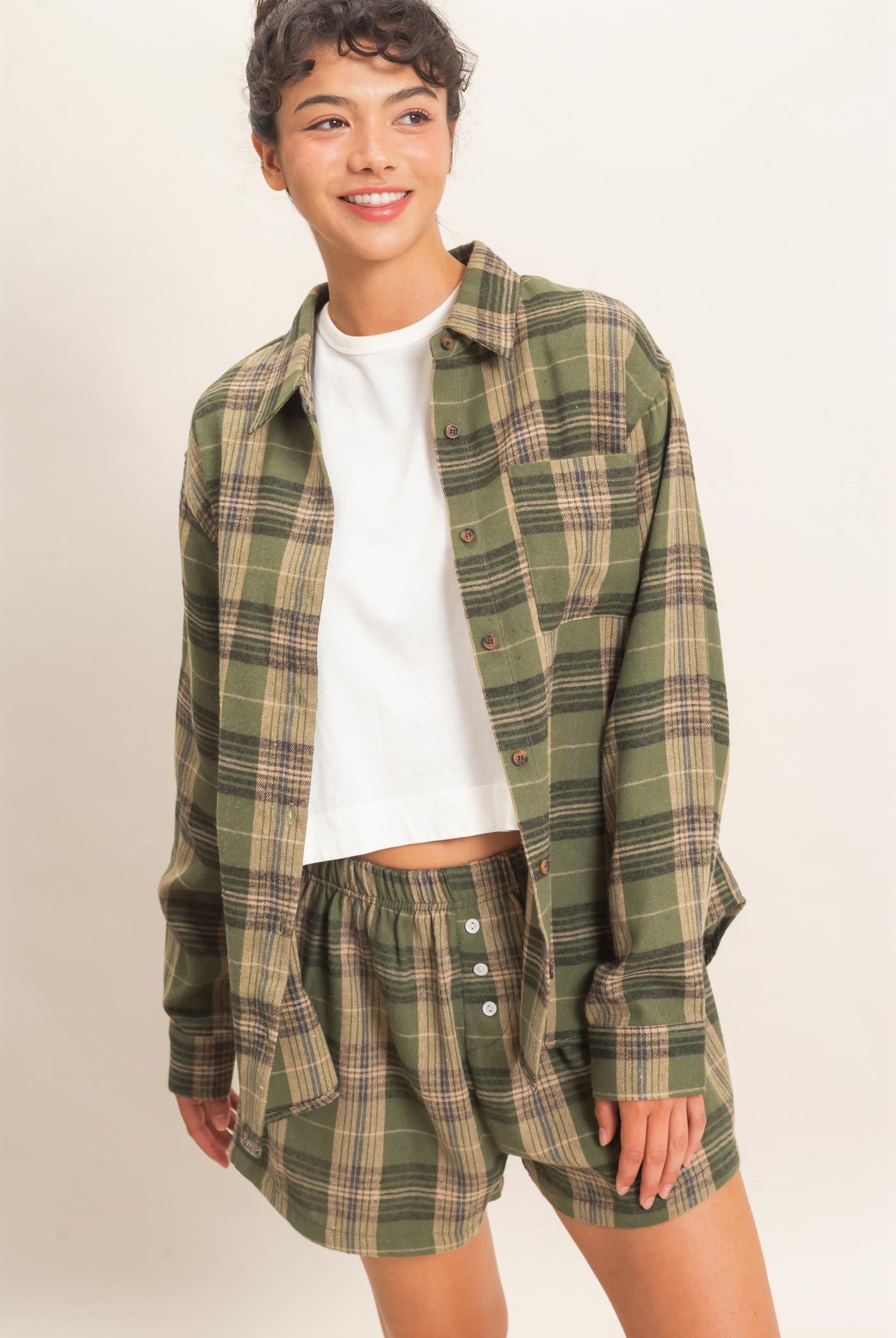 Wholesale Plaid Long Sleeve Shirt Shirts DZ26F275 OLIVE DOUBLE ZERO