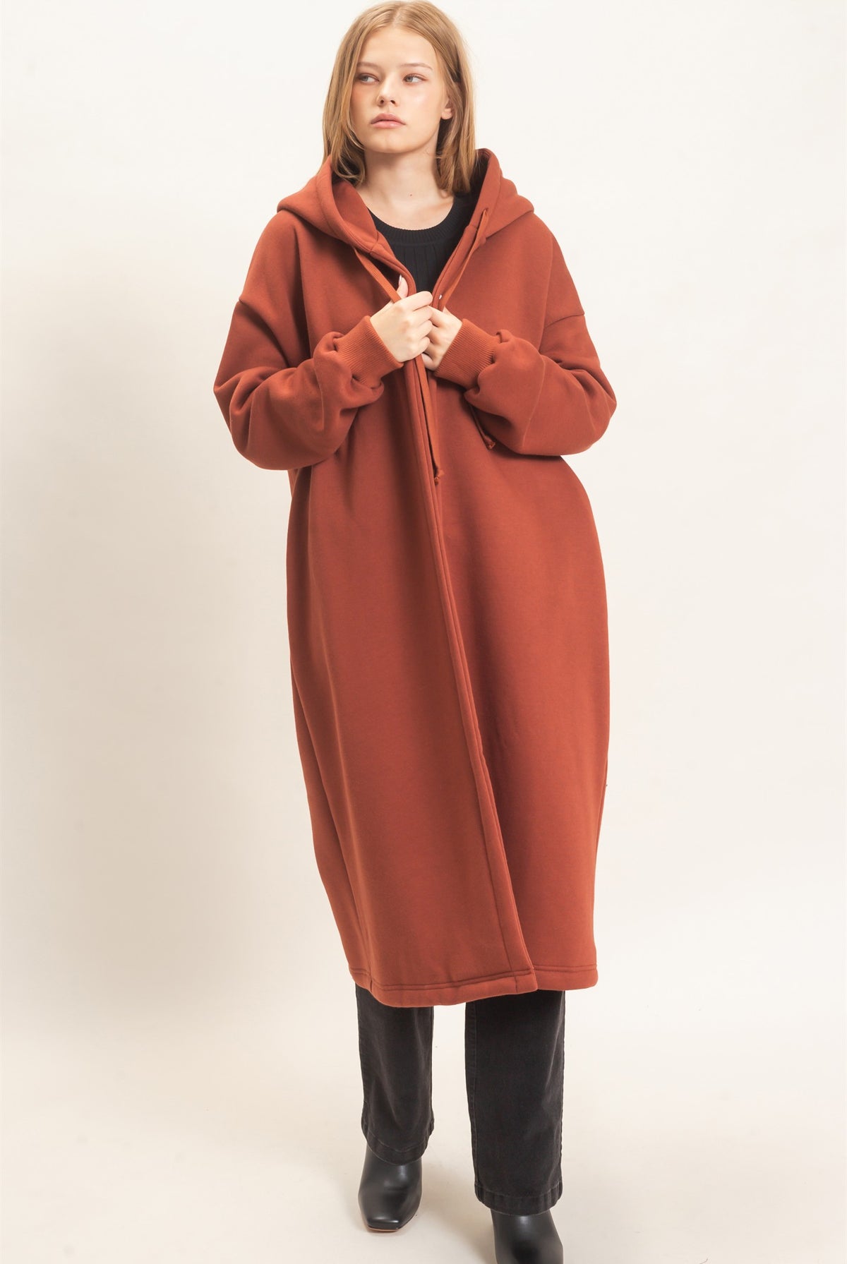 Wholesale Oversized Hooded Open Front Coat Coats & Jackets HF26F142-D BRICK HYFVE