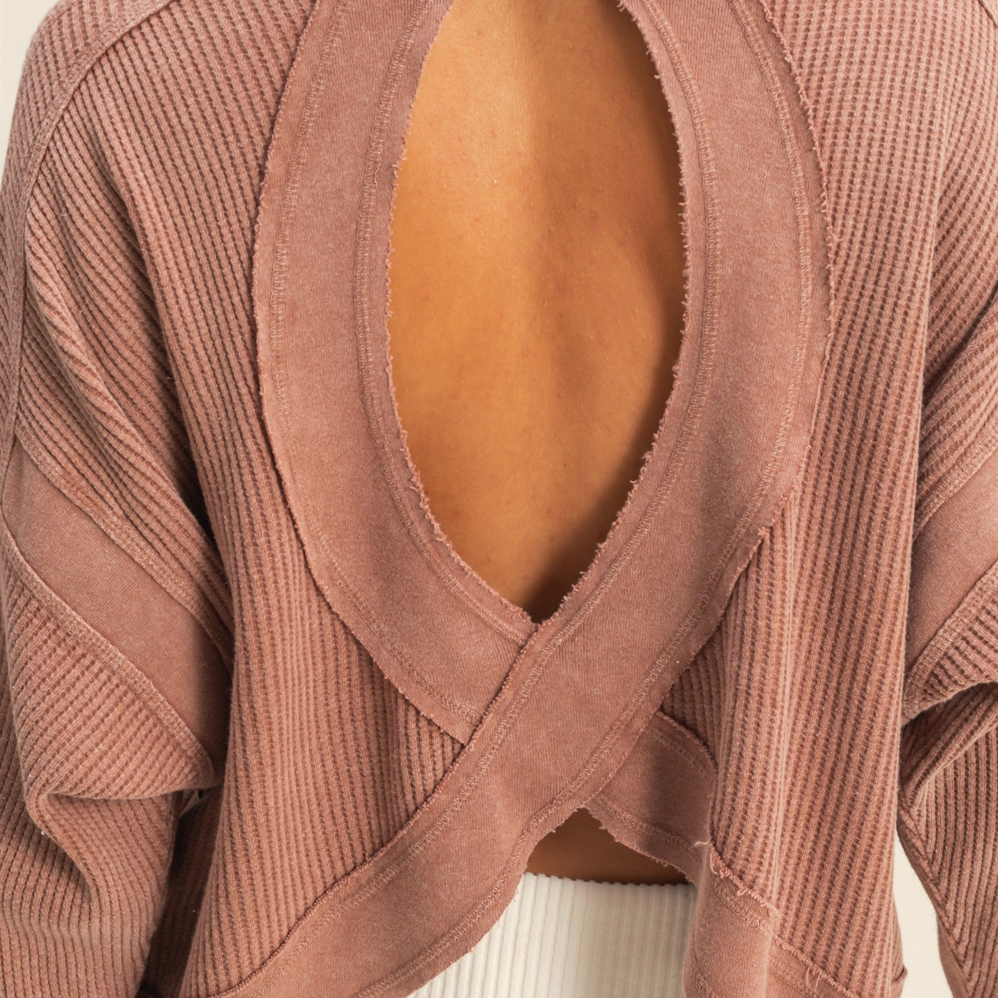 Wholesale Open Back Textured Knit Long Sleeve Top Clothing Tops DZ26A626 CHESTNUT DOUBLE ZERO