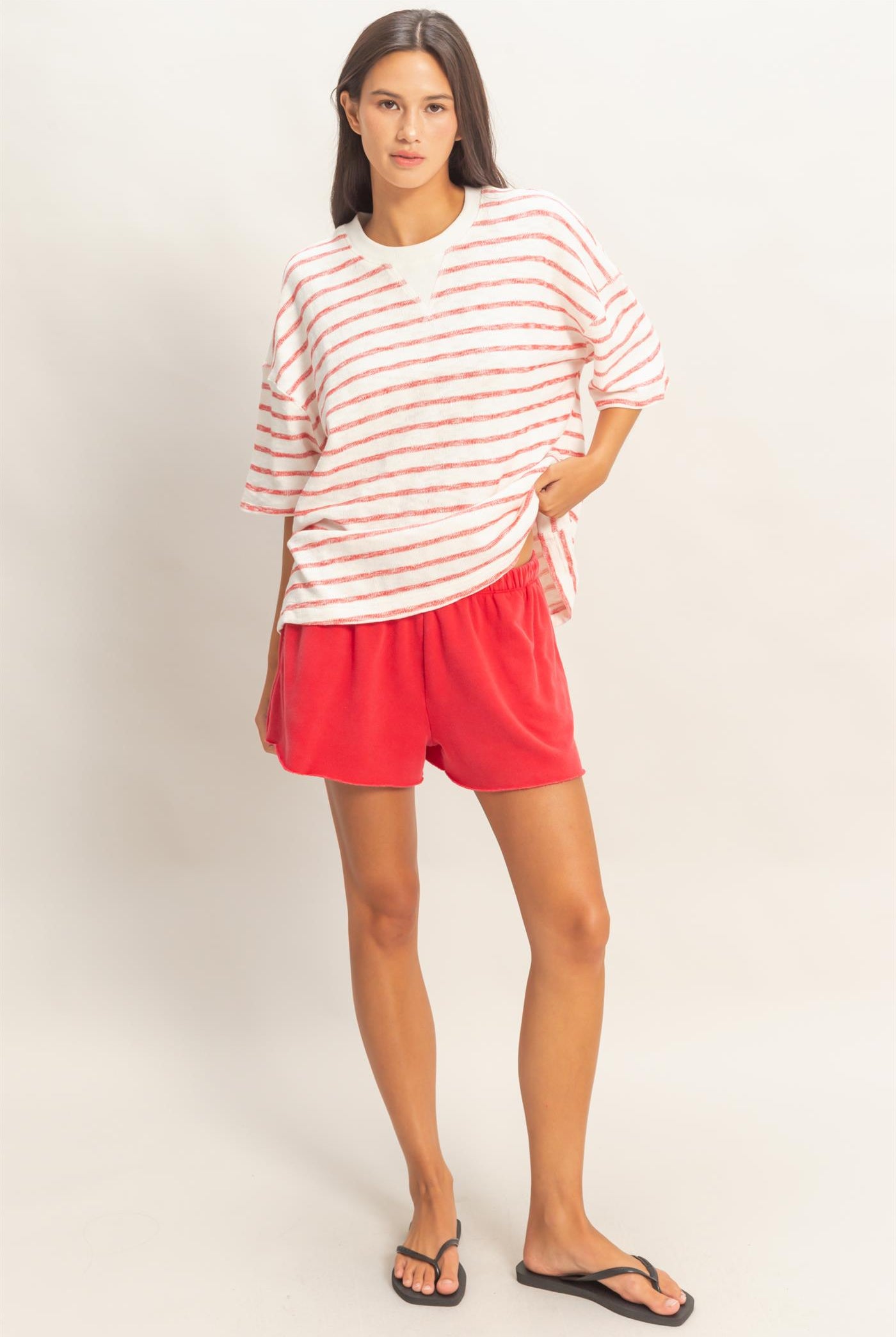 Wholesale Oversized Striped V-Stitch Short Sleeve Top Clothing Tops DZ26A455 RED DOUBLE ZERO