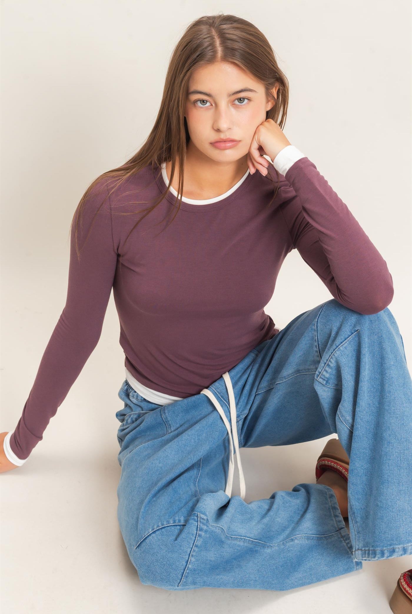 Wholesale Layered Effect Long Sleeve Top Clothing Tops DZ26F341 COCOA DOUBLE ZERO