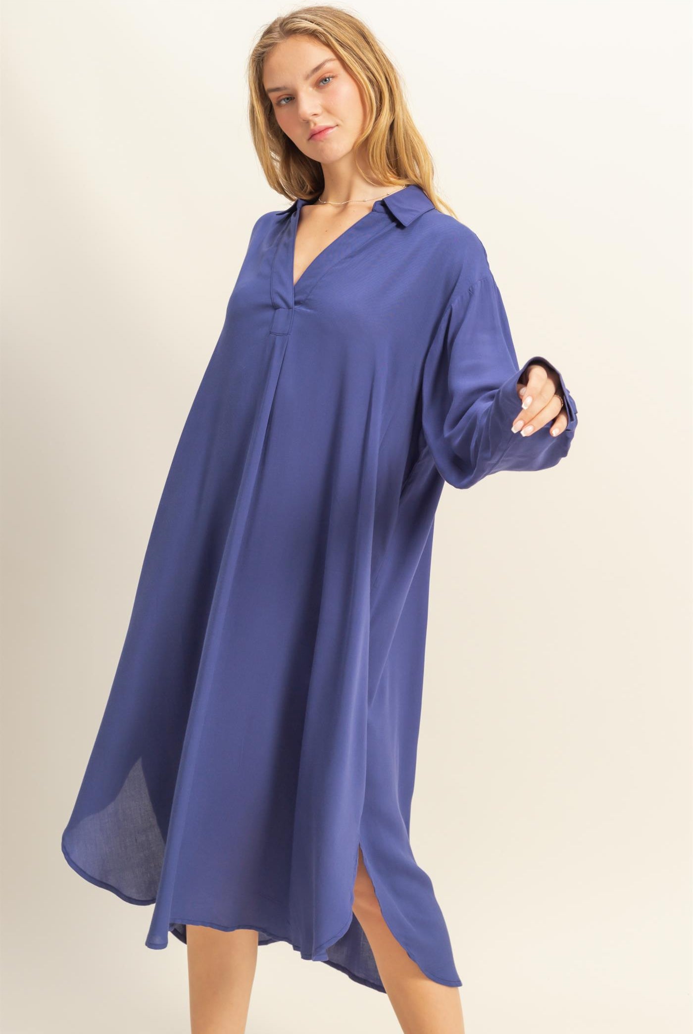 Wholesale V-Neck Long Sleeved Midi Shirts Dress Dresses DZ24E706 DUSTY INDIGO DOUBLE ZERO