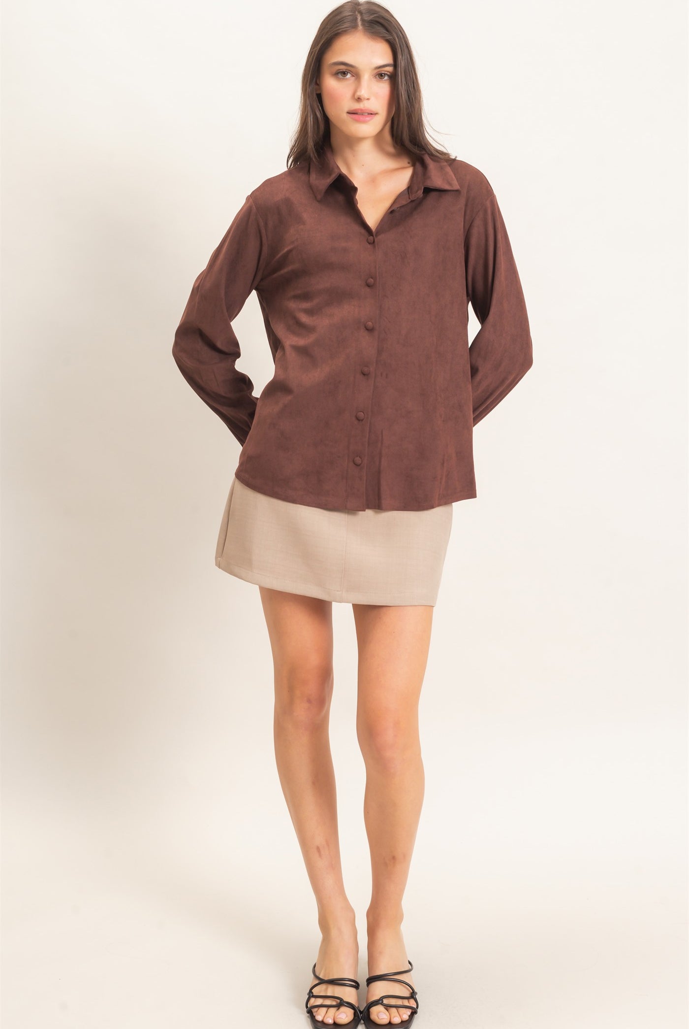 Wholesale Suede Button-Up Shirt Shirts HF26F083 CHESTNUT HYFVE