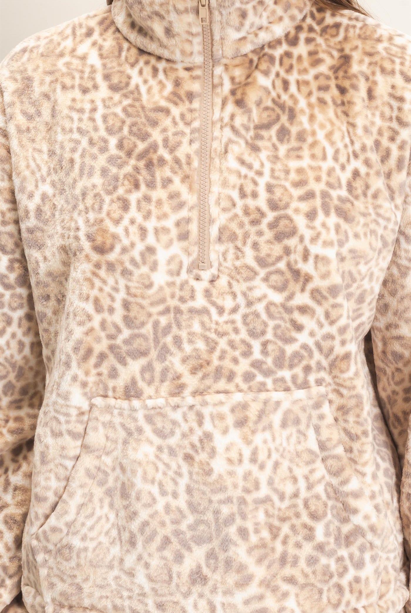 Wholesale Leopard Print Fleece Half Zip Pullover Sweaters DZ26E830 BEIGE DOUBLE ZERO