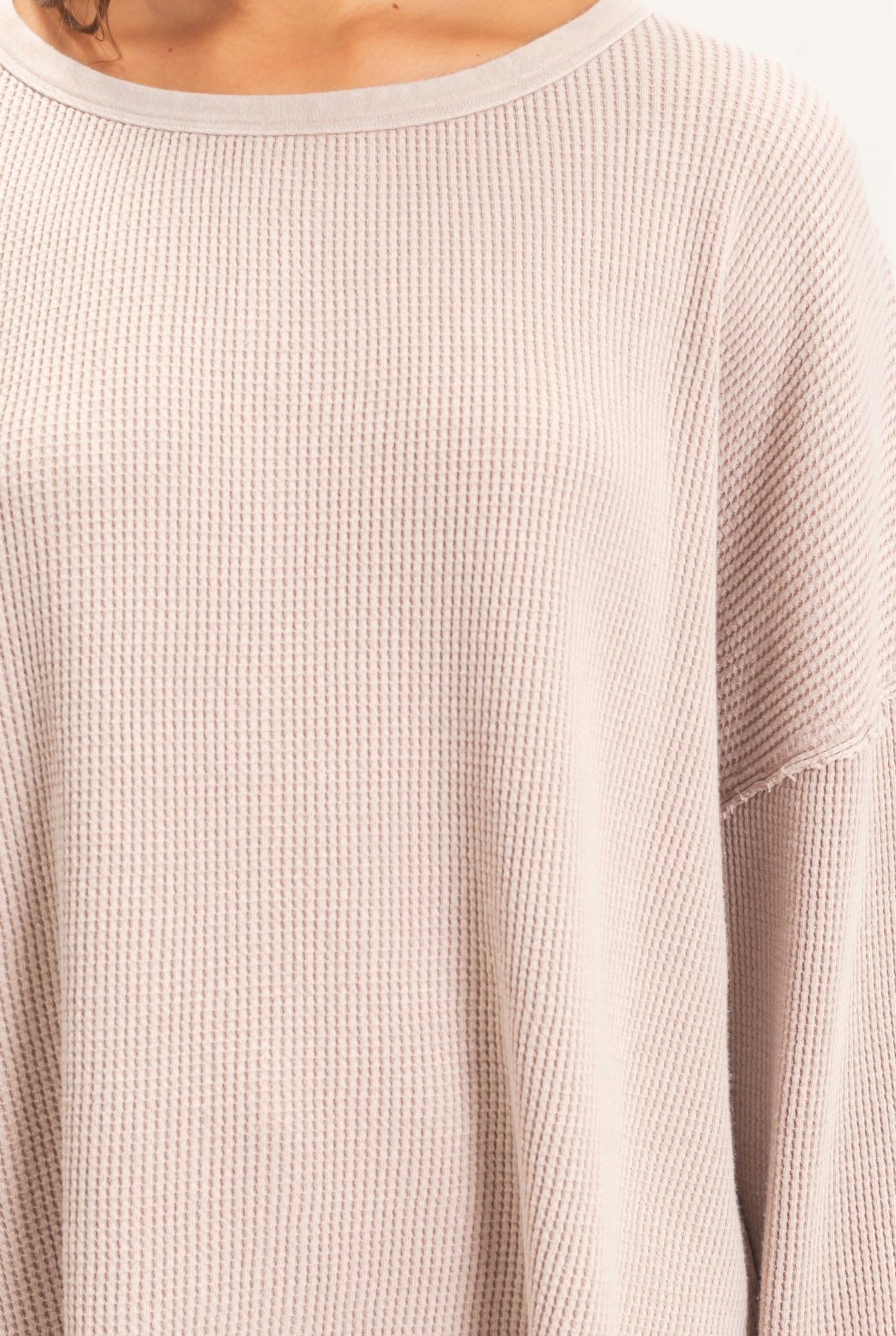 Wholesale Mineral Wash Waffle Oversized Top Clothing Tops DZ26E248 LIGHT TAUPE DOUBLE ZERO