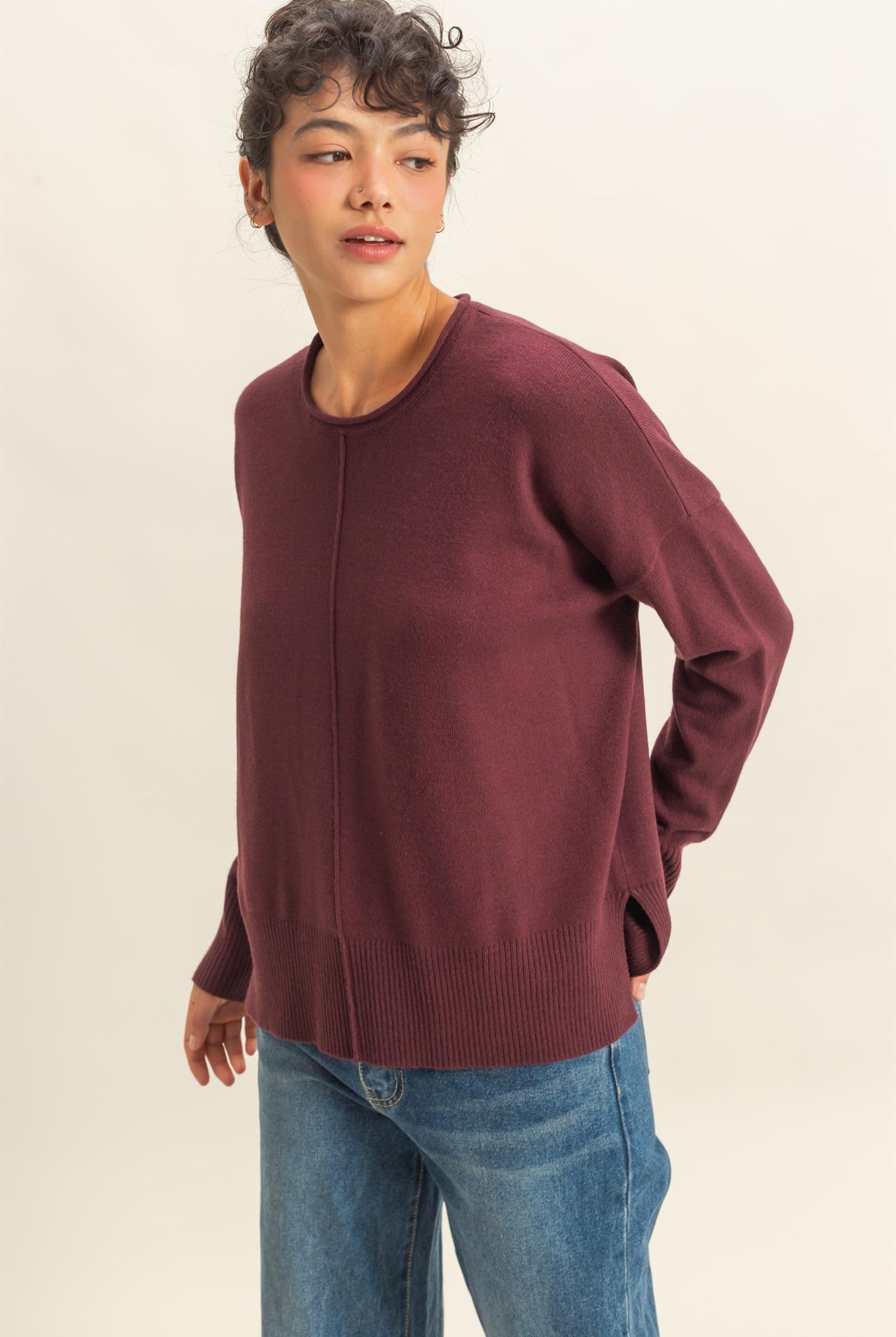 Wholesale Not A Player Roll Neck Drop Shoulder Sweater Sweaters DZ25C938 DARK CHERRY DOUBLE ZERO