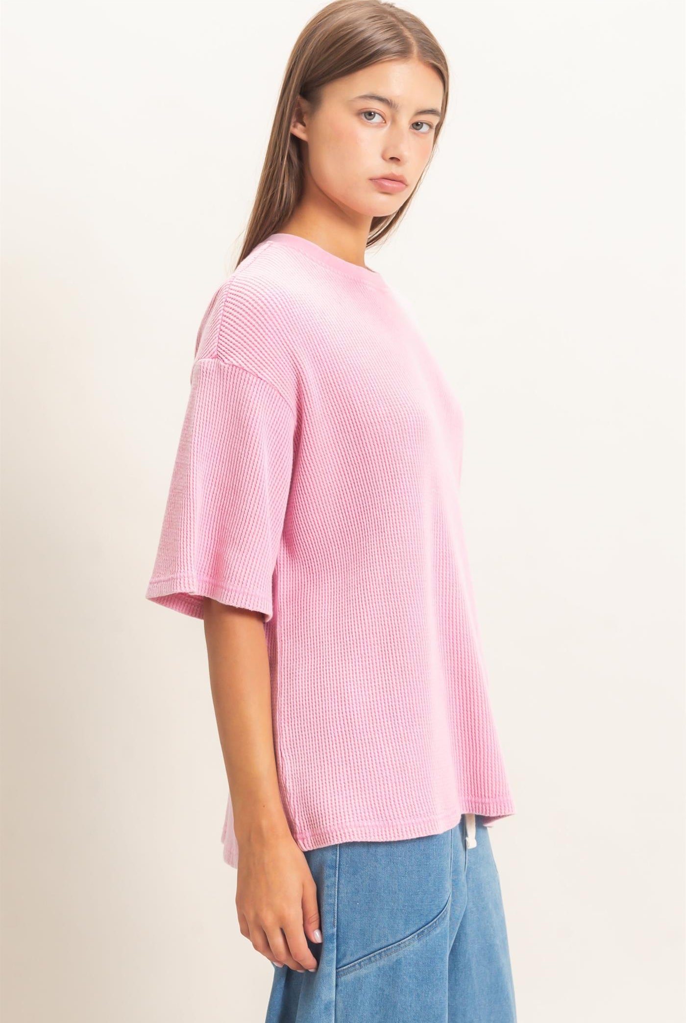 Wholesale Mineral Wash Waffle Crew Neck Short Sleeve Top Clothing Tops DZ26E328 PINK DOUBLE ZERO