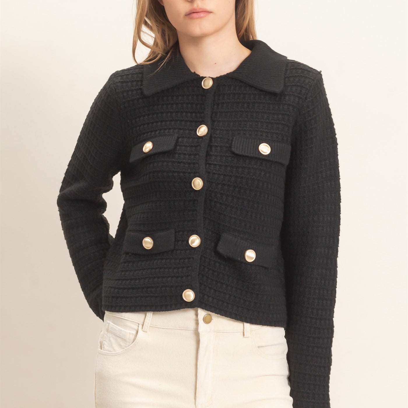 Wholesale Textured Collared Sweater Jacket Cardigans HF26F190 BLACK HYFVE