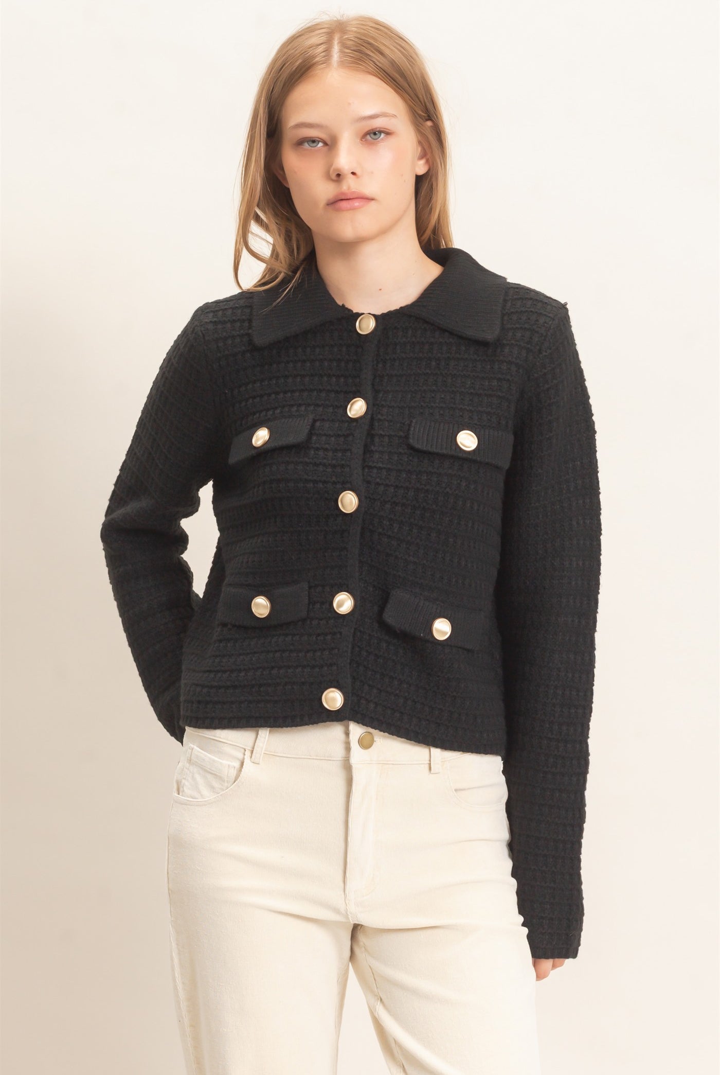 Wholesale Textured Collared Sweater Jacket Cardigans HF26F190 BLACK HYFVE