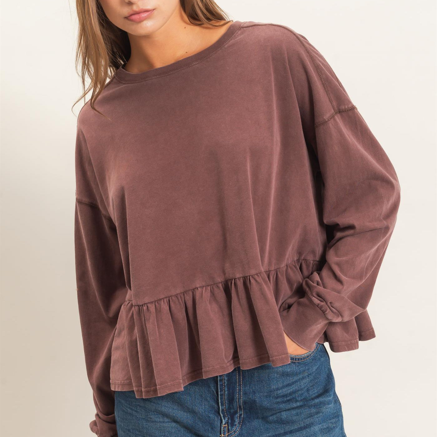 Wholesale Peplum Long Sleeve Top Clothing Tops DZ26F397 DARK BROWN DOUBLE ZERO