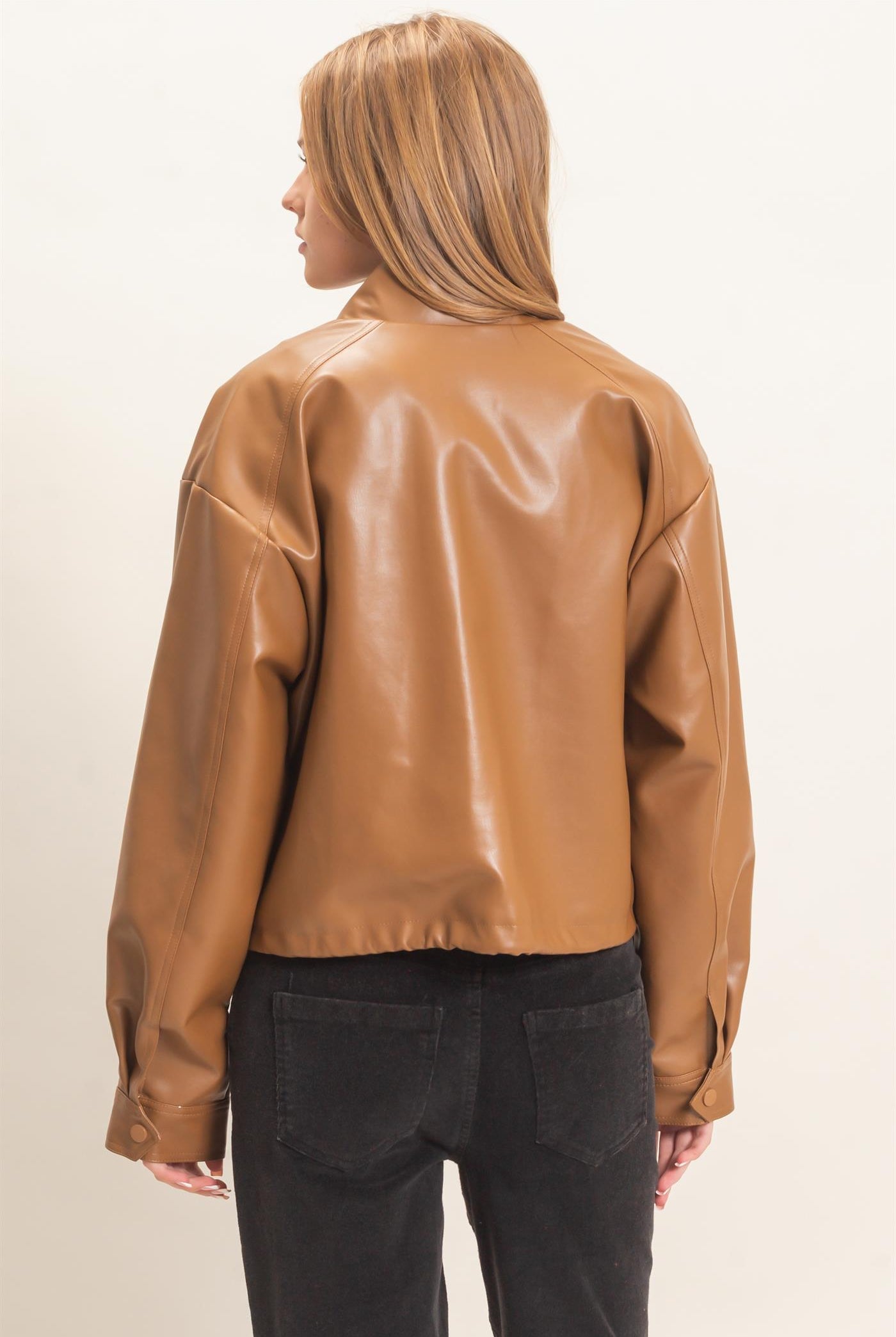 Wholesale Faux Leather Jacket With Stand Collar Bomber Jackets HF25F452 BROWN HYFVE