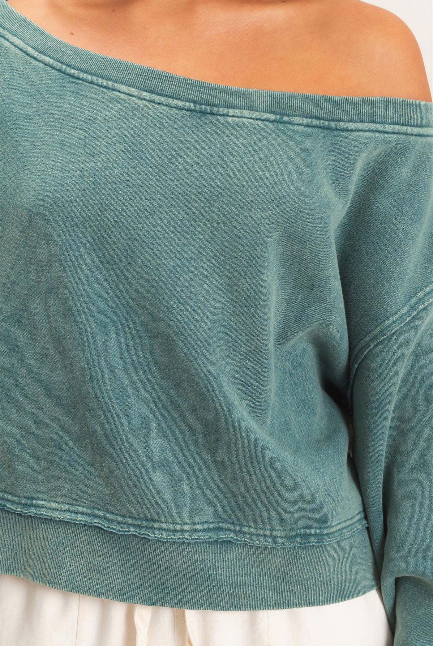 Wholesale Raw Edge Acid Wash Off The Shoulder Sweatshirt Sweatshirts DZ26F013 DARK TEAL DOUBLE ZERO