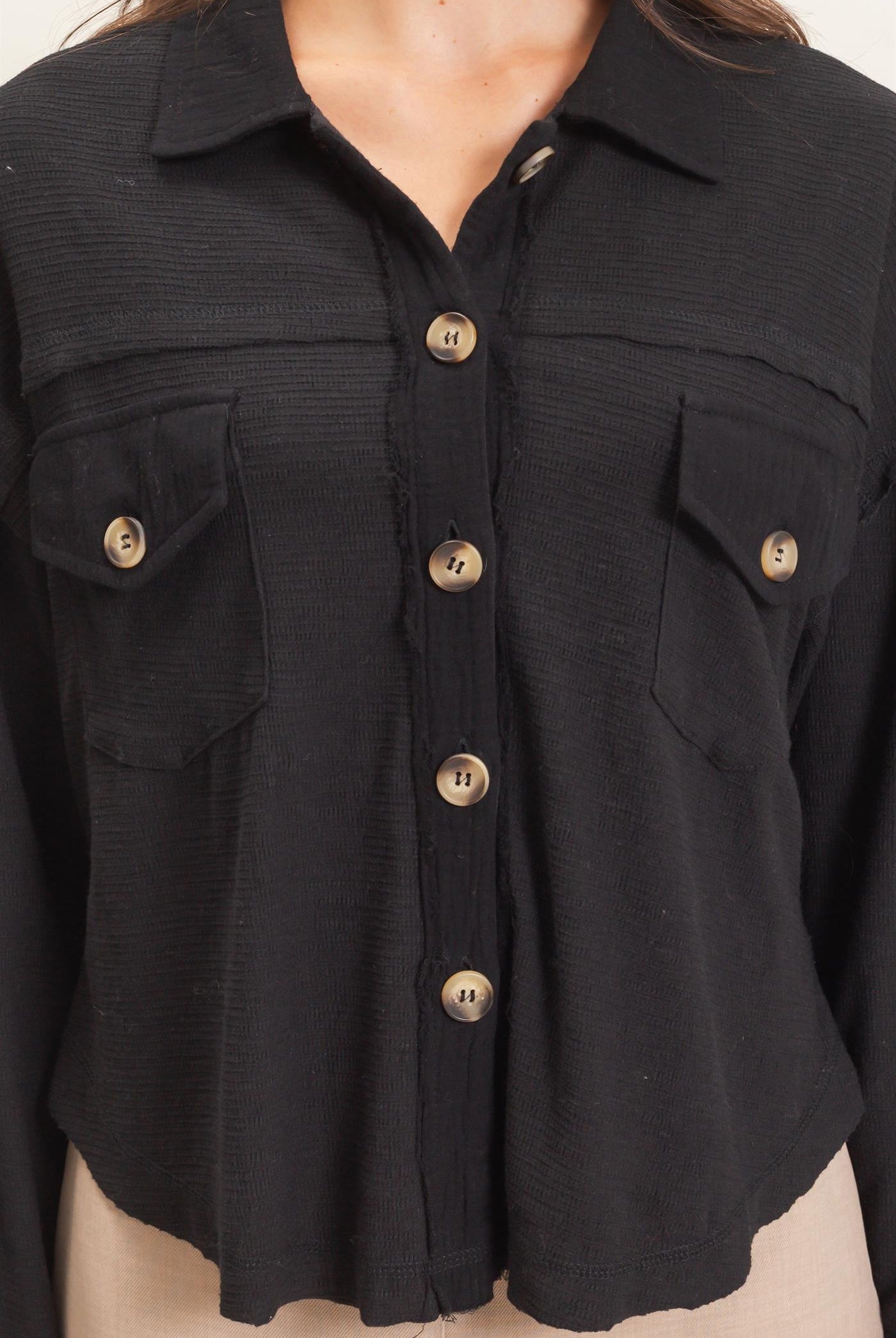 Wholesale Textured Button-Up Shirt Clothing Tops HF26C878 BLACK HYFVE