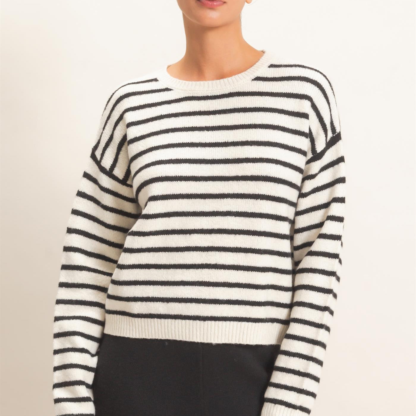 Wholesale Striped Crew Neck Sweater Sweaters DZ26C612 CREAM DOUBLE ZERO