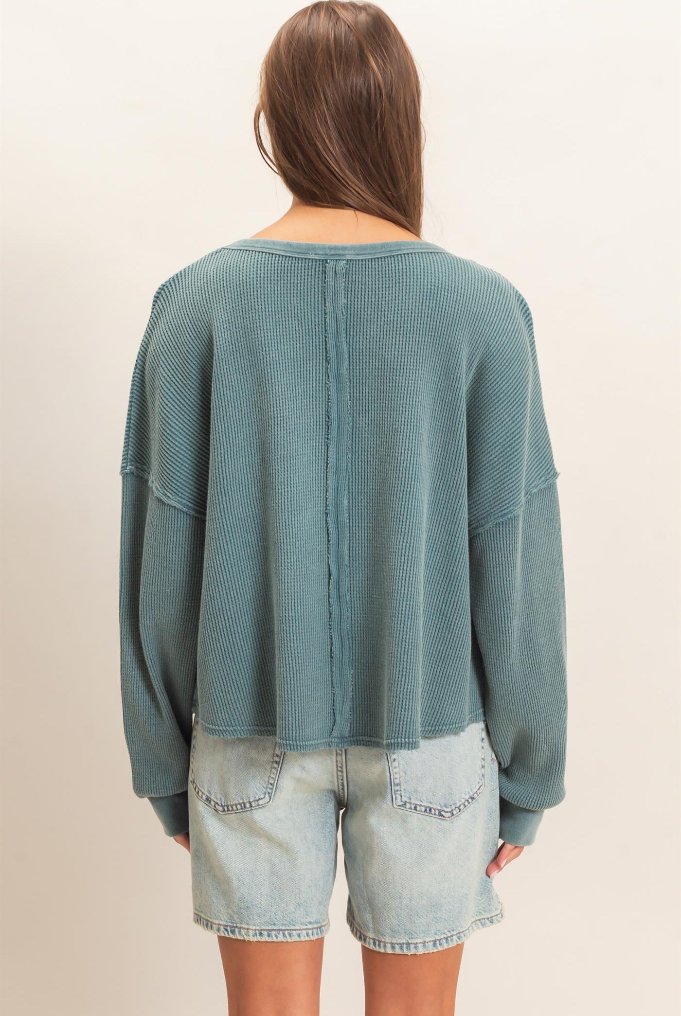Wholesale Mineral Wash Waffle Oversized Top Clothing Tops DZ26E248 DARK TEAL DOUBLE ZERO