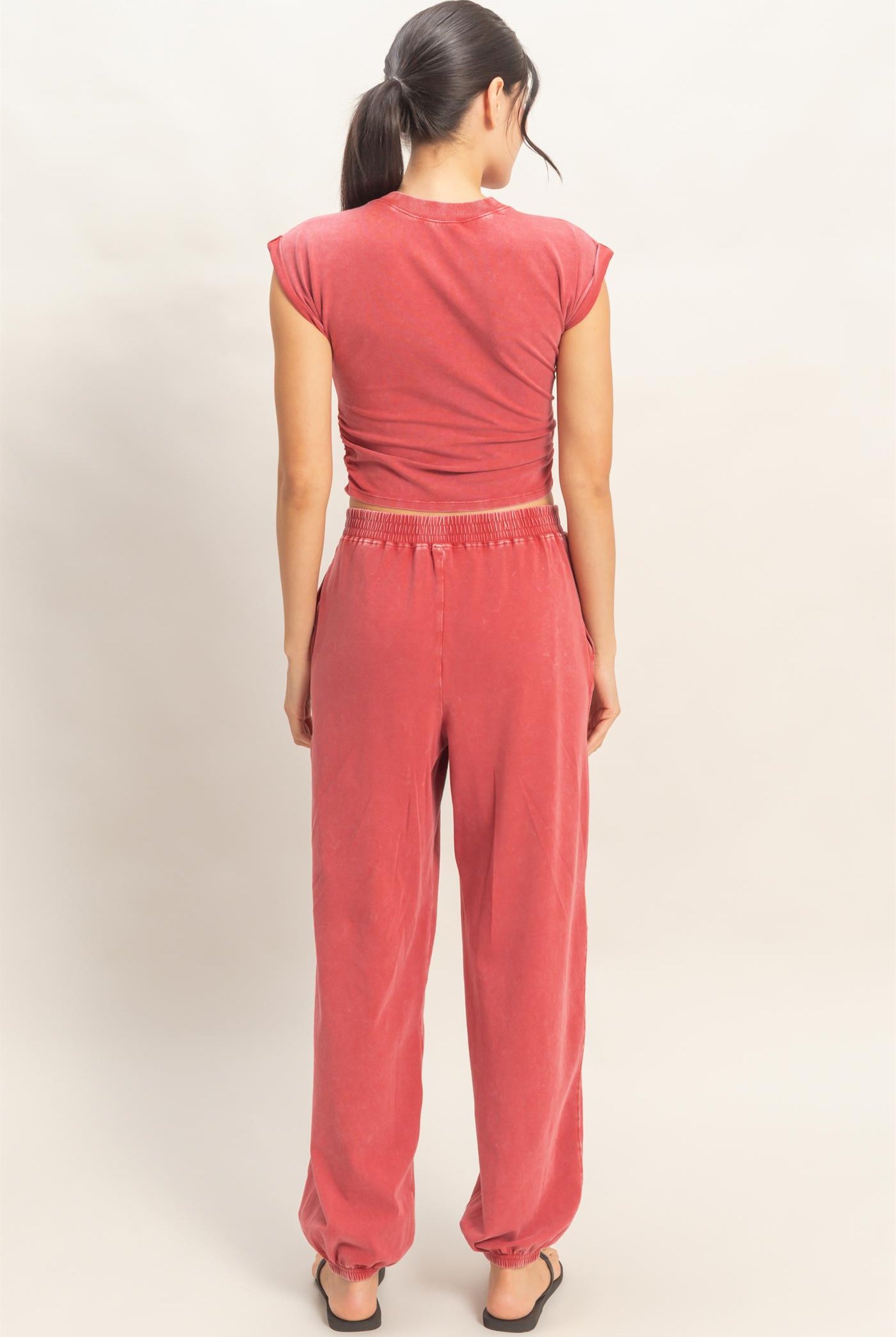 Wholesale Rolled Sleeve Wrap-Front Crop Top And Jogger Set Clothing DZ26A172-SET DARK RED DOUBLE ZERO