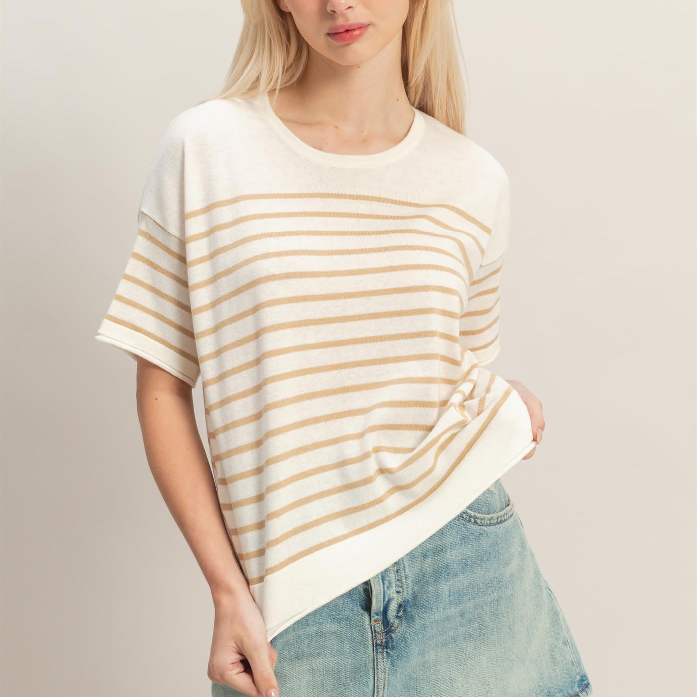Wholesale Striped Short Sleeve Knit Top Clothing Tops DZ26A838 TAUPE DOUBLE ZERO