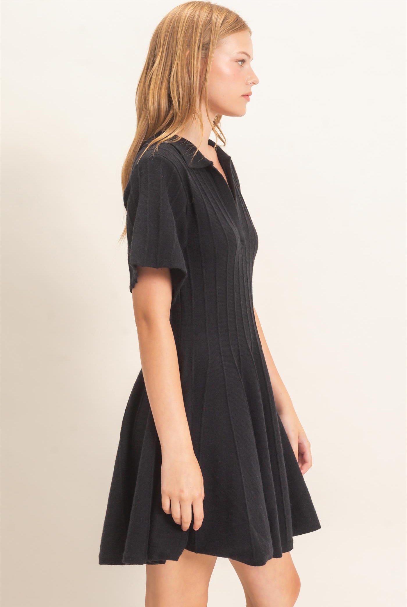 Wholesale Ribbed Knit Collared Dress Dresses HF26E365 BLACK HYFVE