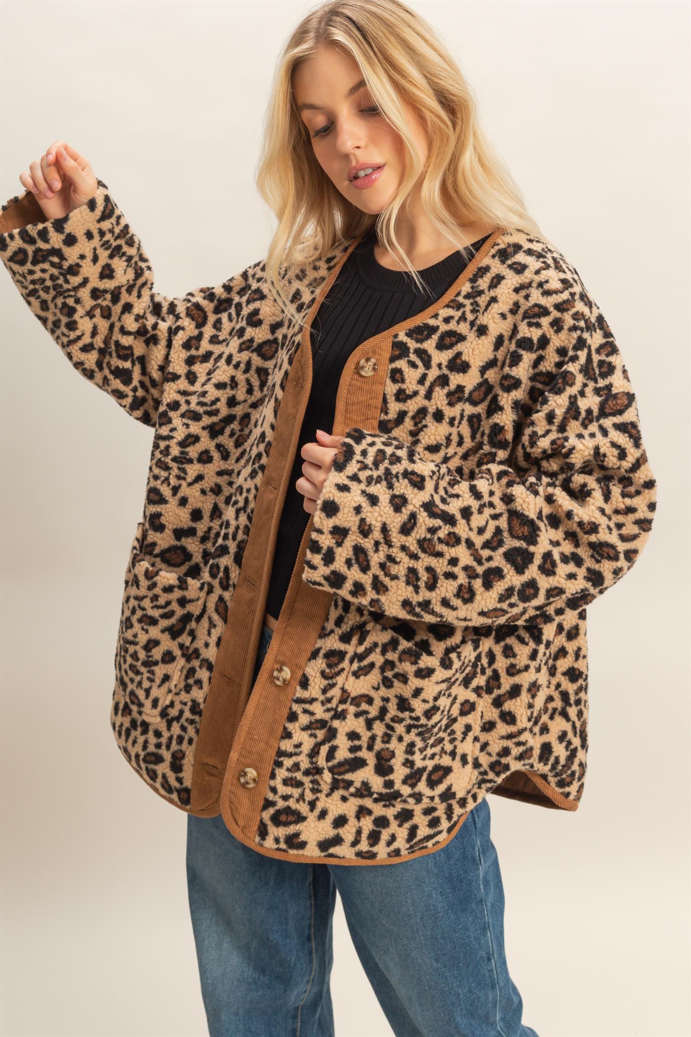 Button Front Leopard Sherpa Jacket – HYFVE