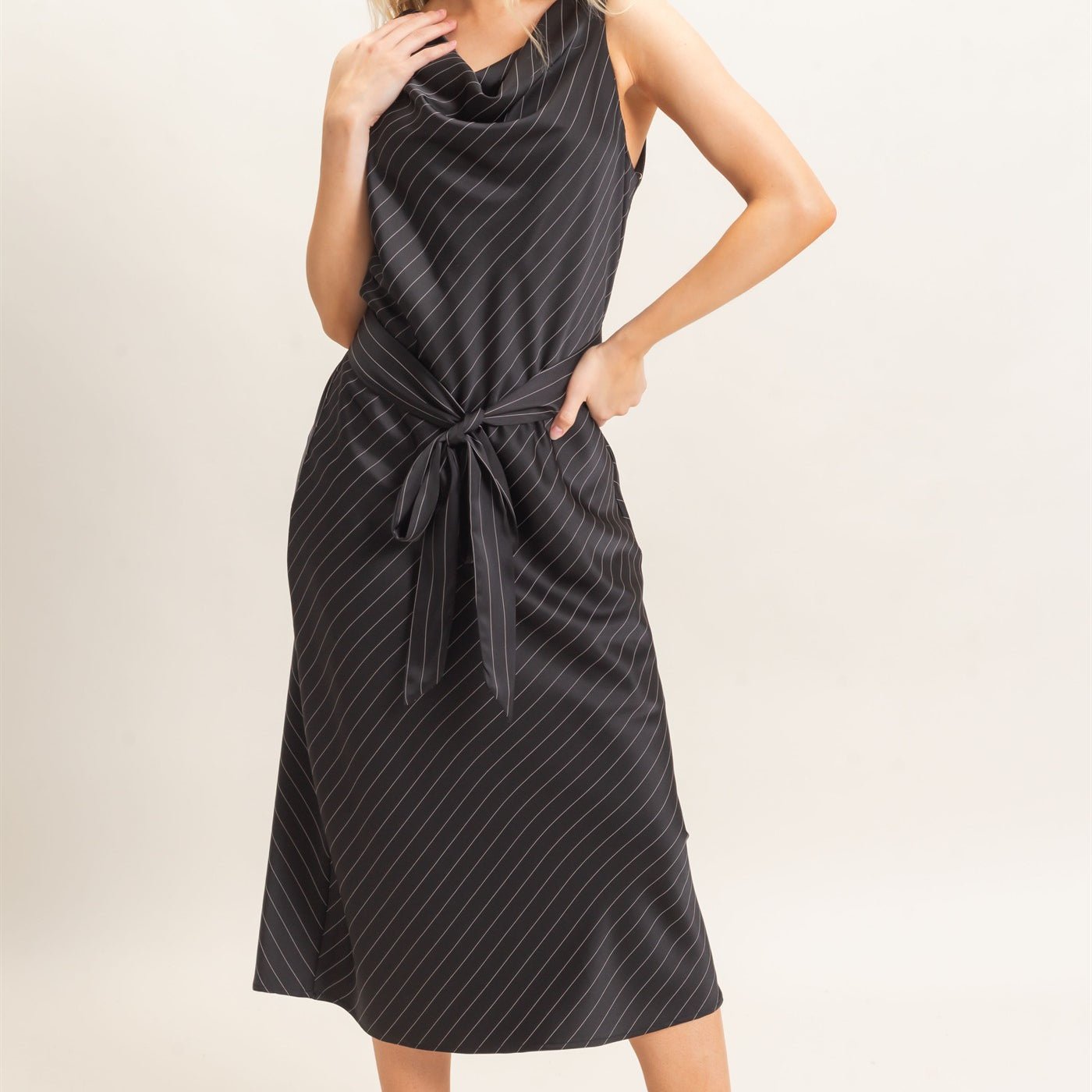 Wholesale Cowl Neck Sleeveless Belted Dress Dresses HF25E739 BLACK HYFVE