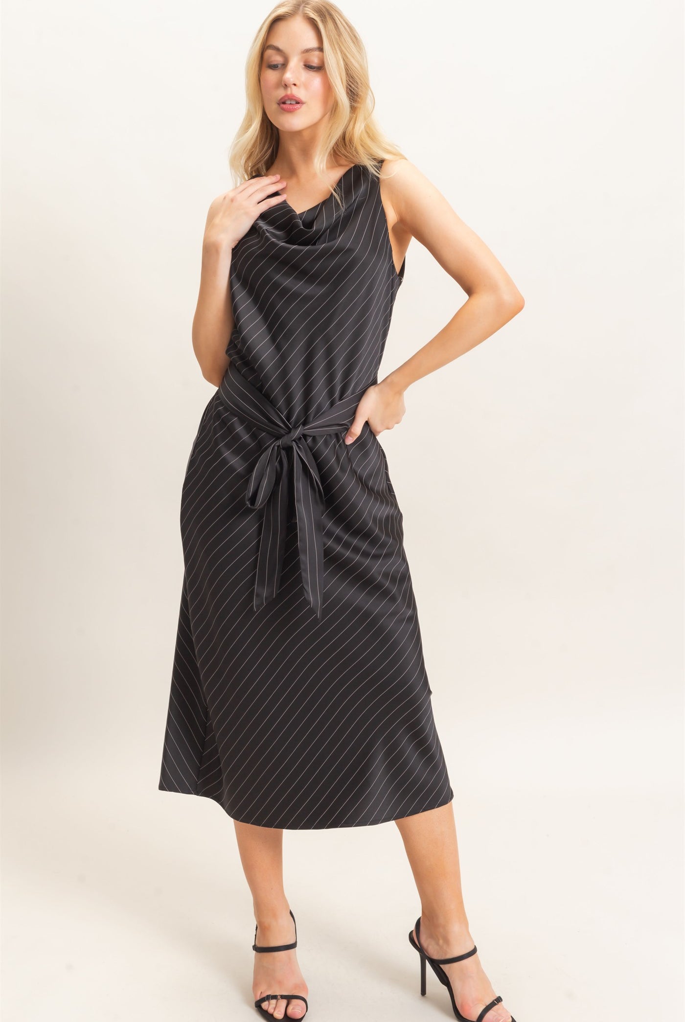 Wholesale Cowl Neck Sleeveless Belted Dress Dresses HF25E739 BLACK HYFVE